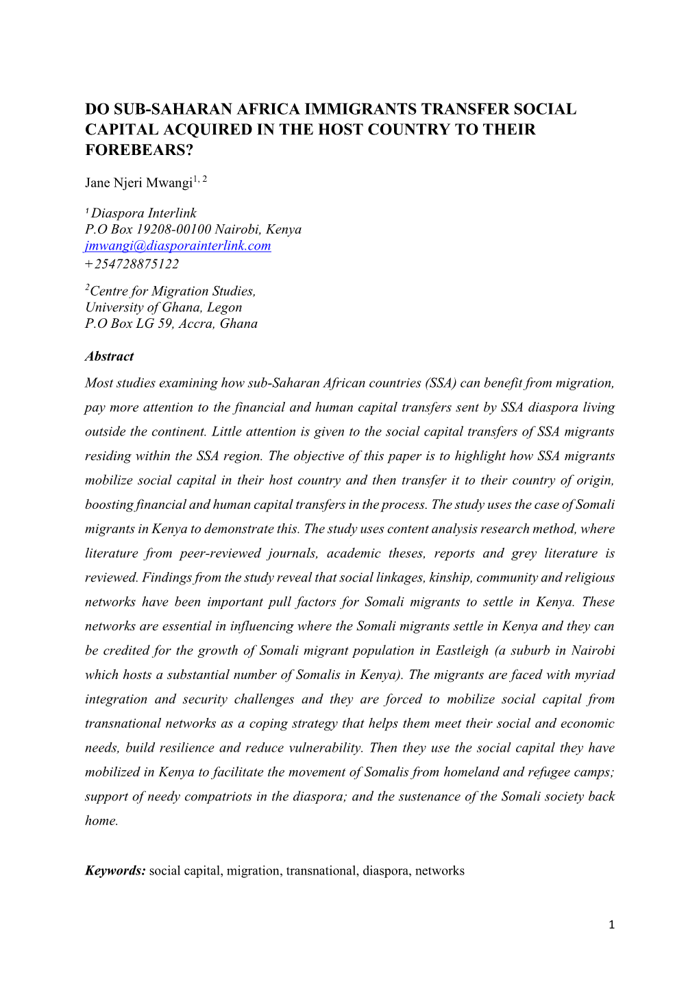 Do Sub-Saharan Africa Immigrants Transfer Social Capital Acquired in the Host Country to Their Forebears?