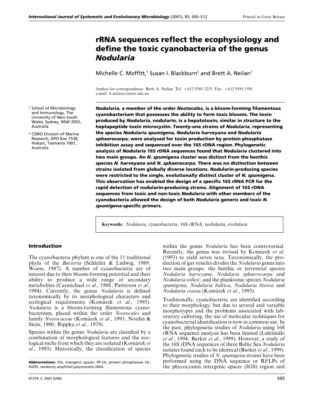 Rrna Sequences Reflect the Ecophysiology and Define the Toxic