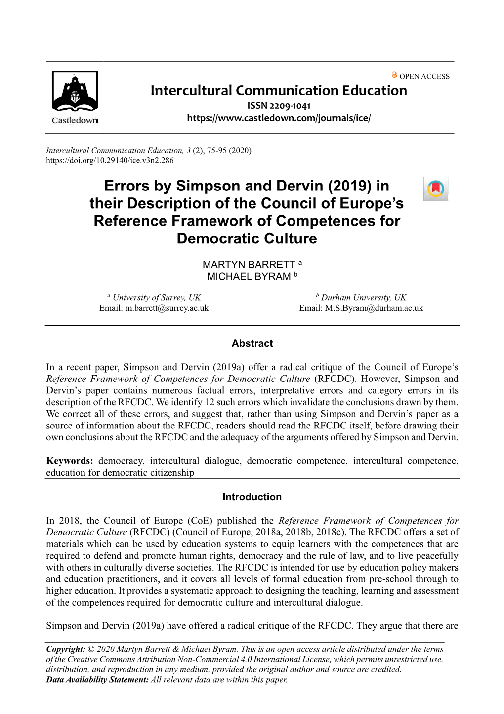 Errors by Simpson and Dervin (2019) in Their Description of the Council of Europe’S Reference Framework of Competences for Democratic Culture
