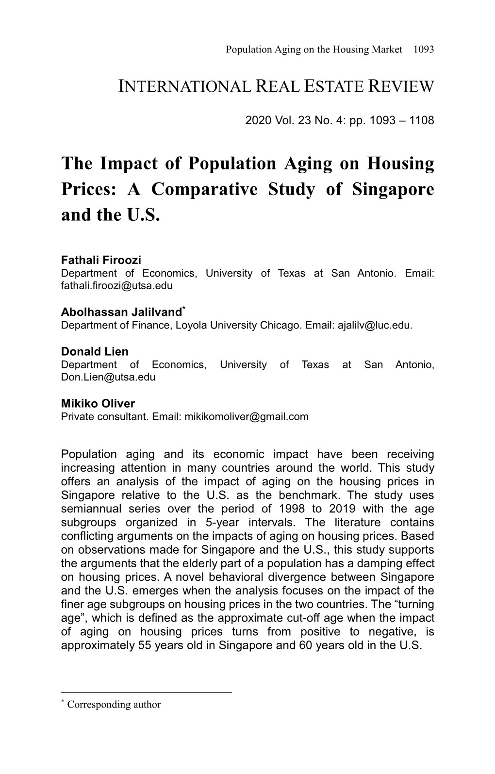 The Impact of Population Aging on Housing Prices: a Comparative Study of Singapore and the U.S