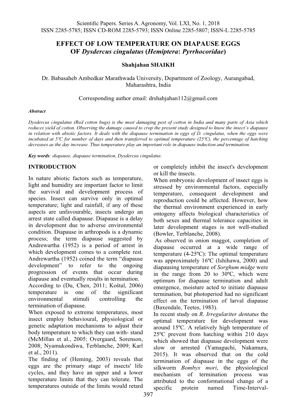 EFFECT of LOW TEMPERATURE on DIAPAUSE EGGS of Dysdercus Cingulatus (Hemiptera: Pyrrhocoridae)