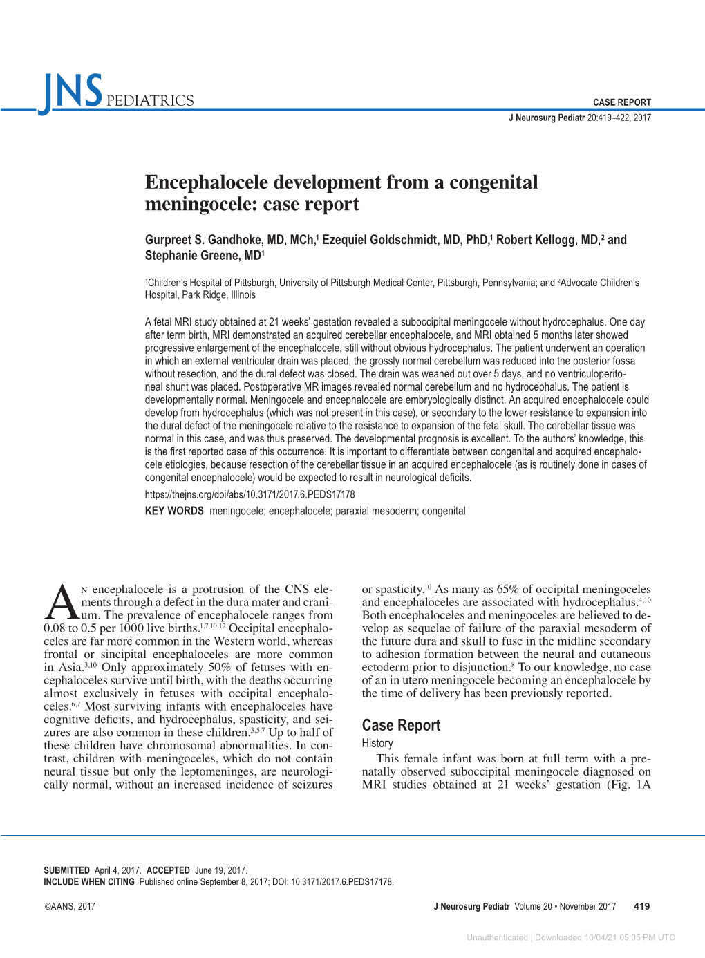 Encephalocele Development from a Congenital Meningocele: Case Report