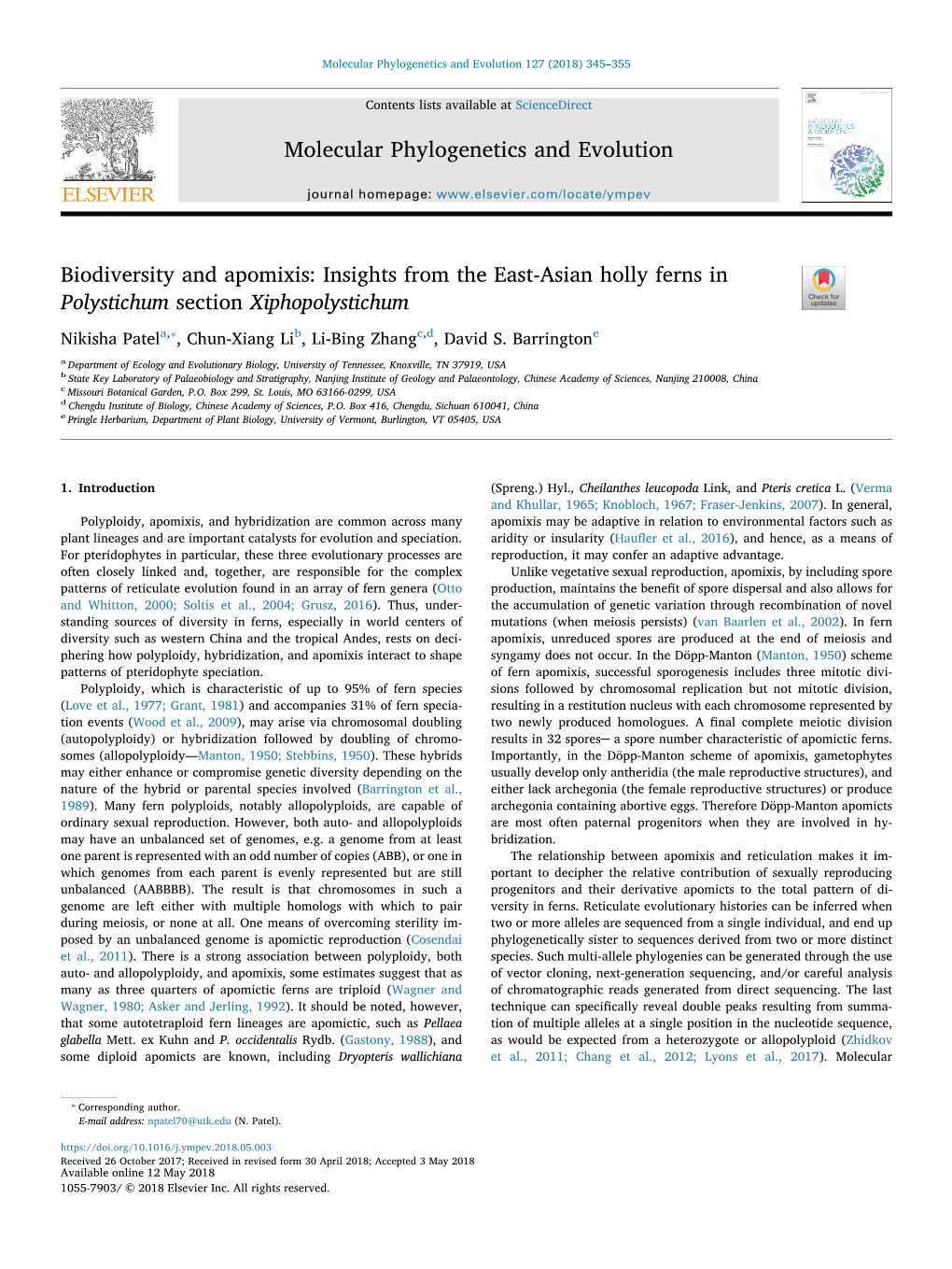 Biodiversity and Apomixis Insights from the East-Asian Holly Ferns in Polystichum Section Xiphopolystichum