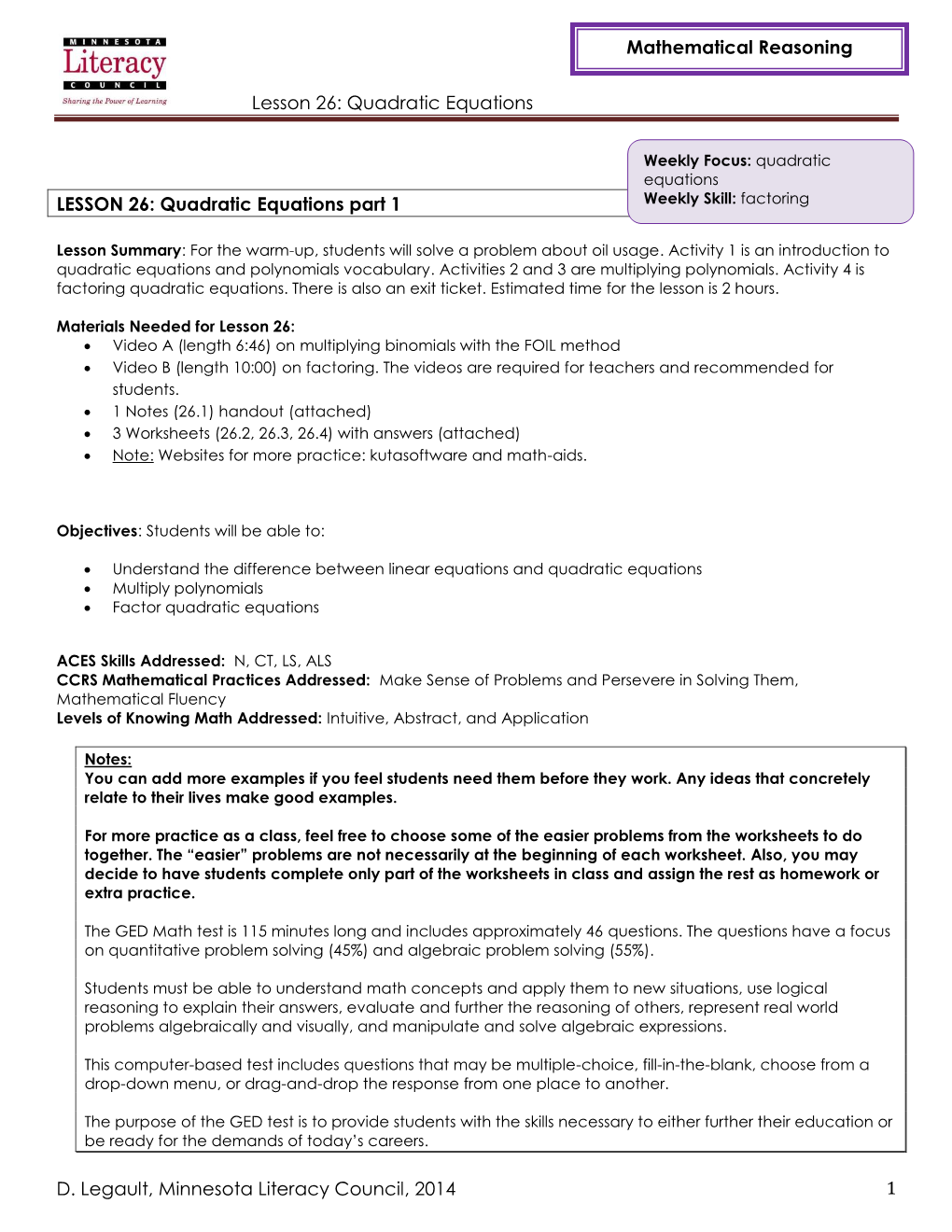 Lesson 26: Quadratic Equations D. Legault, Minnesota Literacy Council