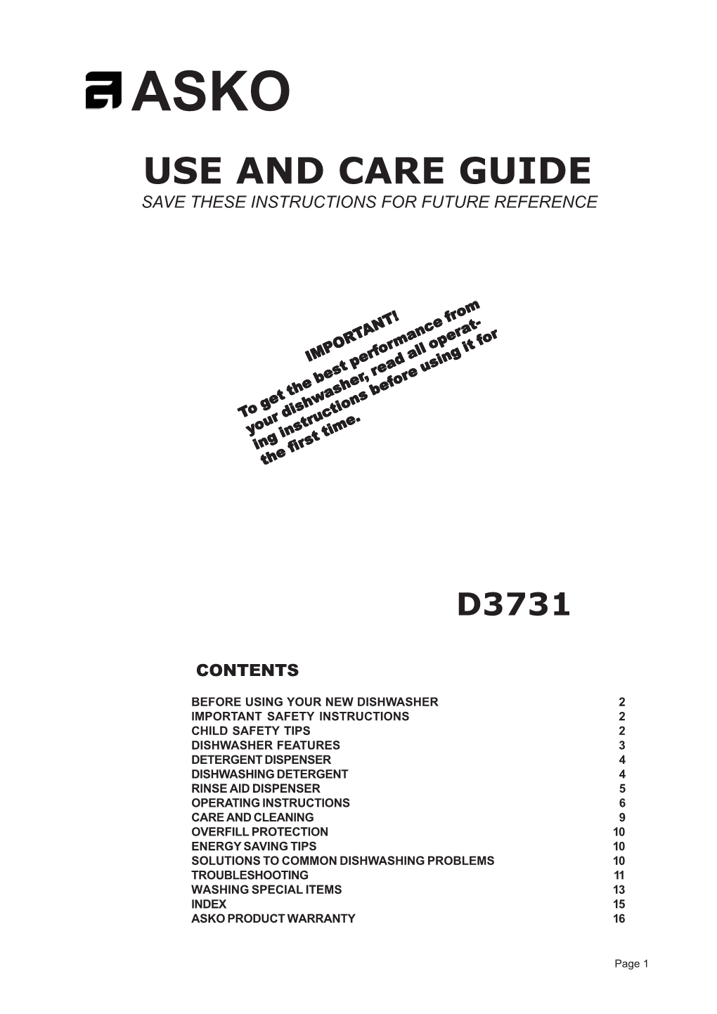 Asko Use and Care Guide Save These Instructions for Future Reference