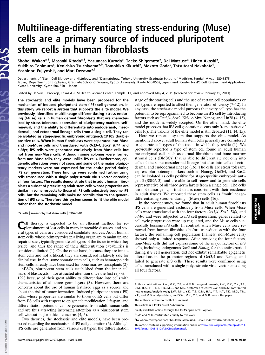 (Muse) Cells Are a Primary Source of Induced Pluripotent Stem Cells in Human ﬁbroblasts