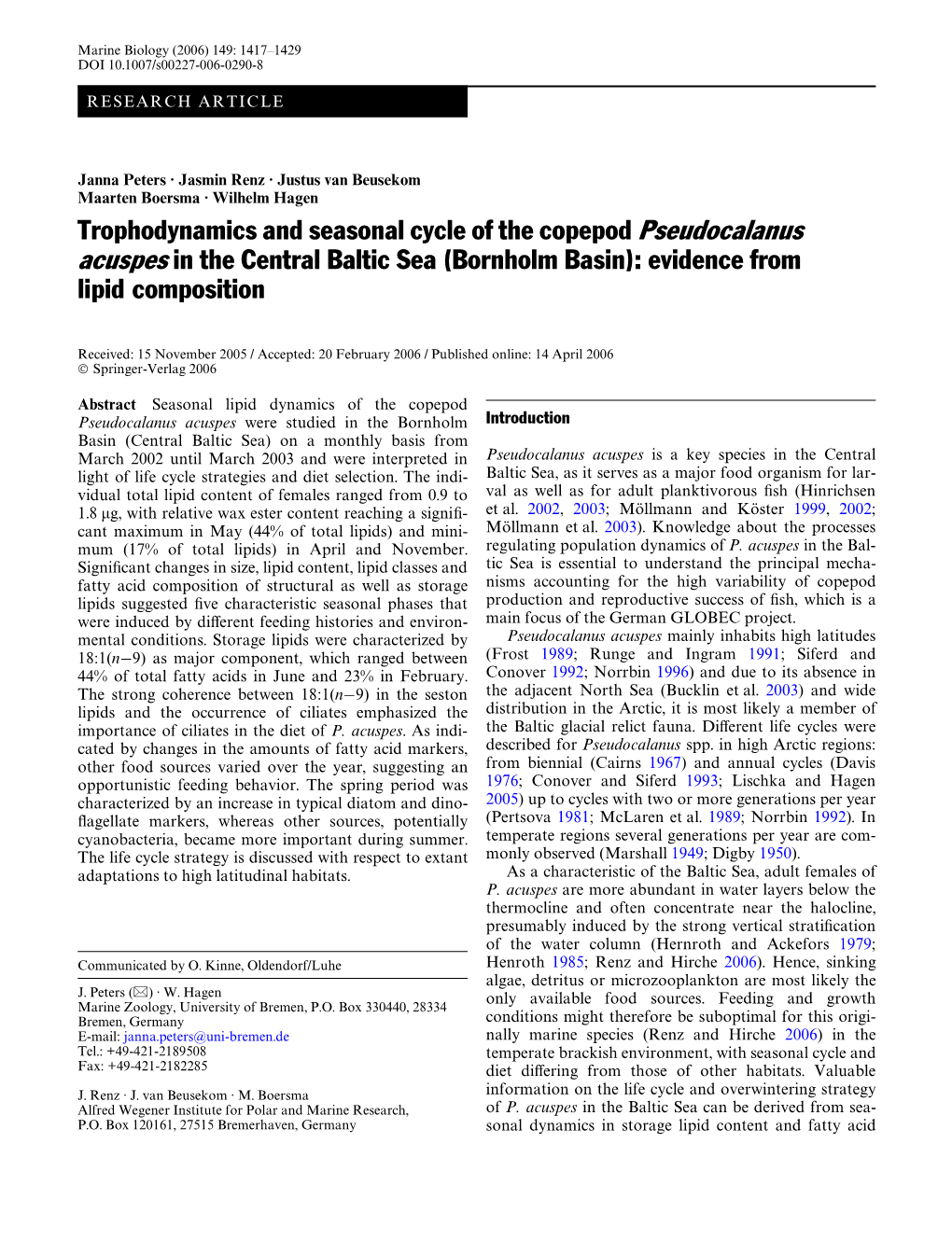 Trophodynamics and Seasonal Cycle of the Copepod Pseudocalanus Acuspes in the Central Baltic Sea (Bornholm Basin): Evidence from Lipid Composition