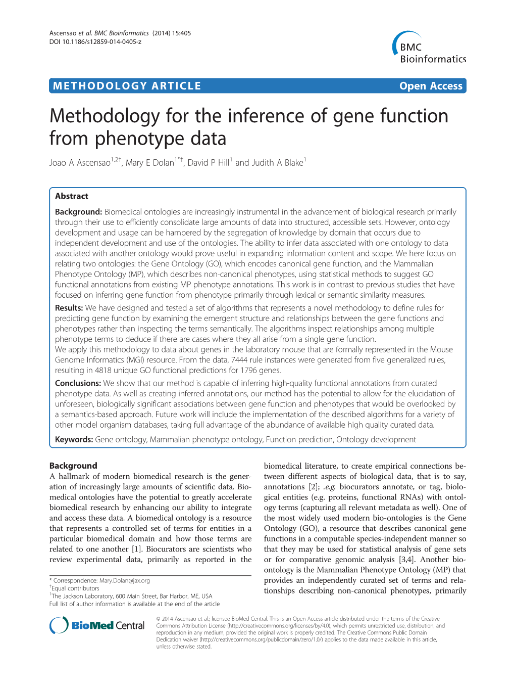 Methodology for the Inference of Gene Function from Phenotype Data Joao a Ascensao1,2†, Mary E Dolan1*†, David P Hill1 and Judith a Blake1