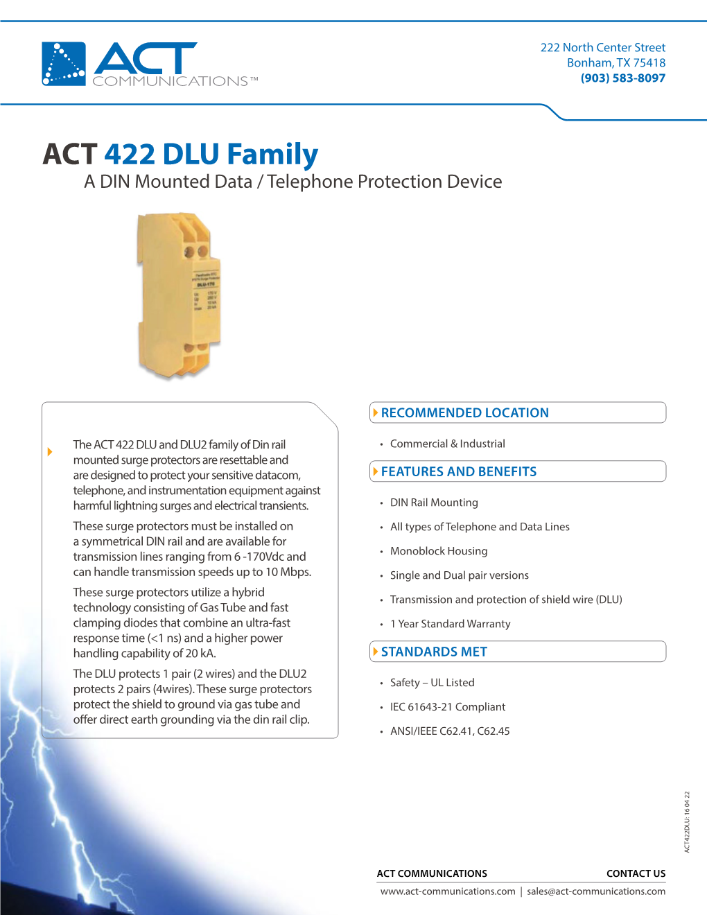 ACT 422 DLU Family a DIN Mounted Data / Telephone Protection Device