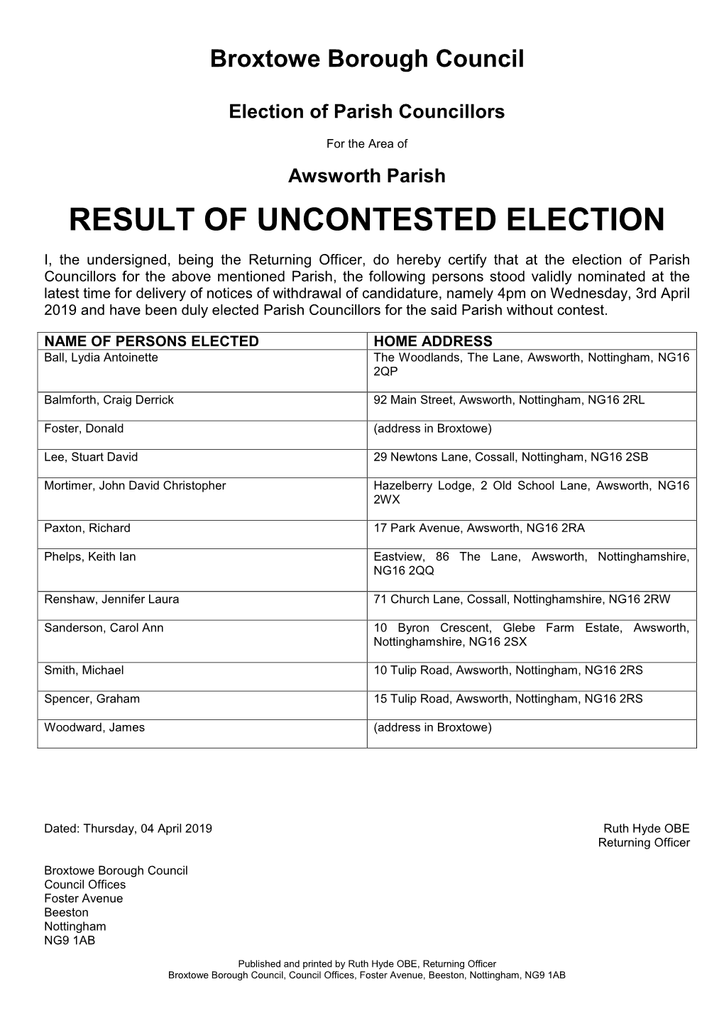 Result of Uncontested Election