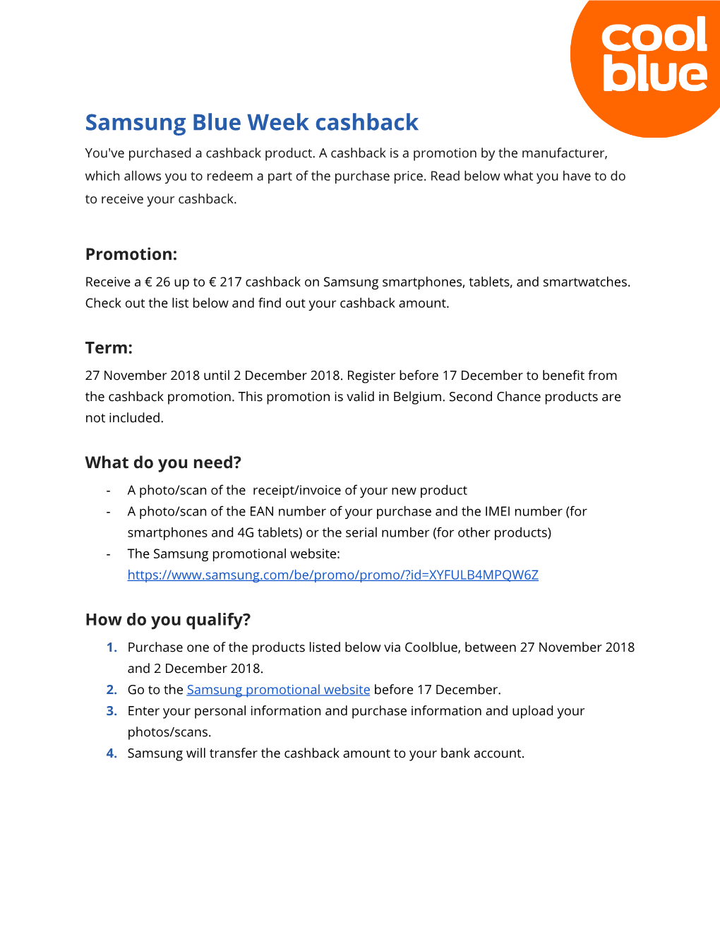 Samsung Blue Week Cashback You've Purchased a Cashback Product