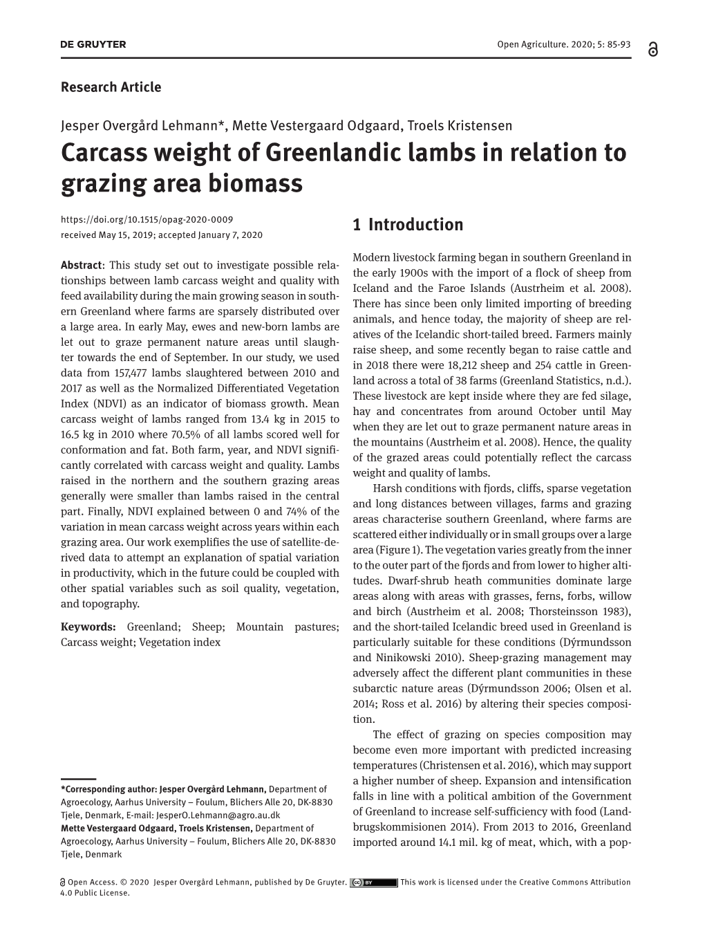 Carcass Weight of Greenlandic Lambs in Relation to Grazing Area Biomass