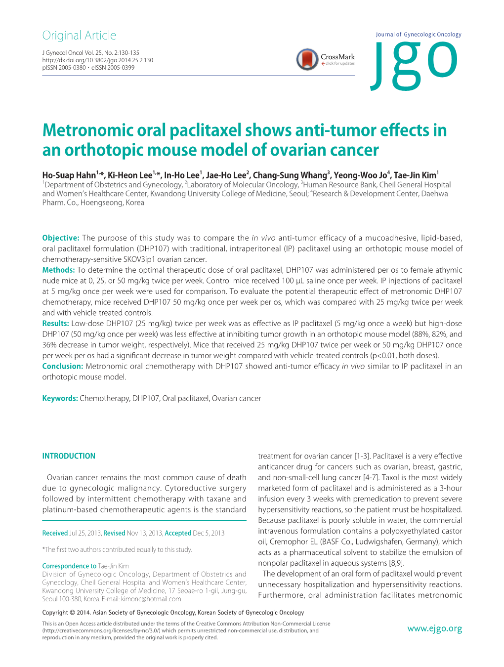 Metronomic Oral Paclitaxel Shows Anti-Tumor Effects in an Orthotopic Mouse Model of Ovarian Cancer