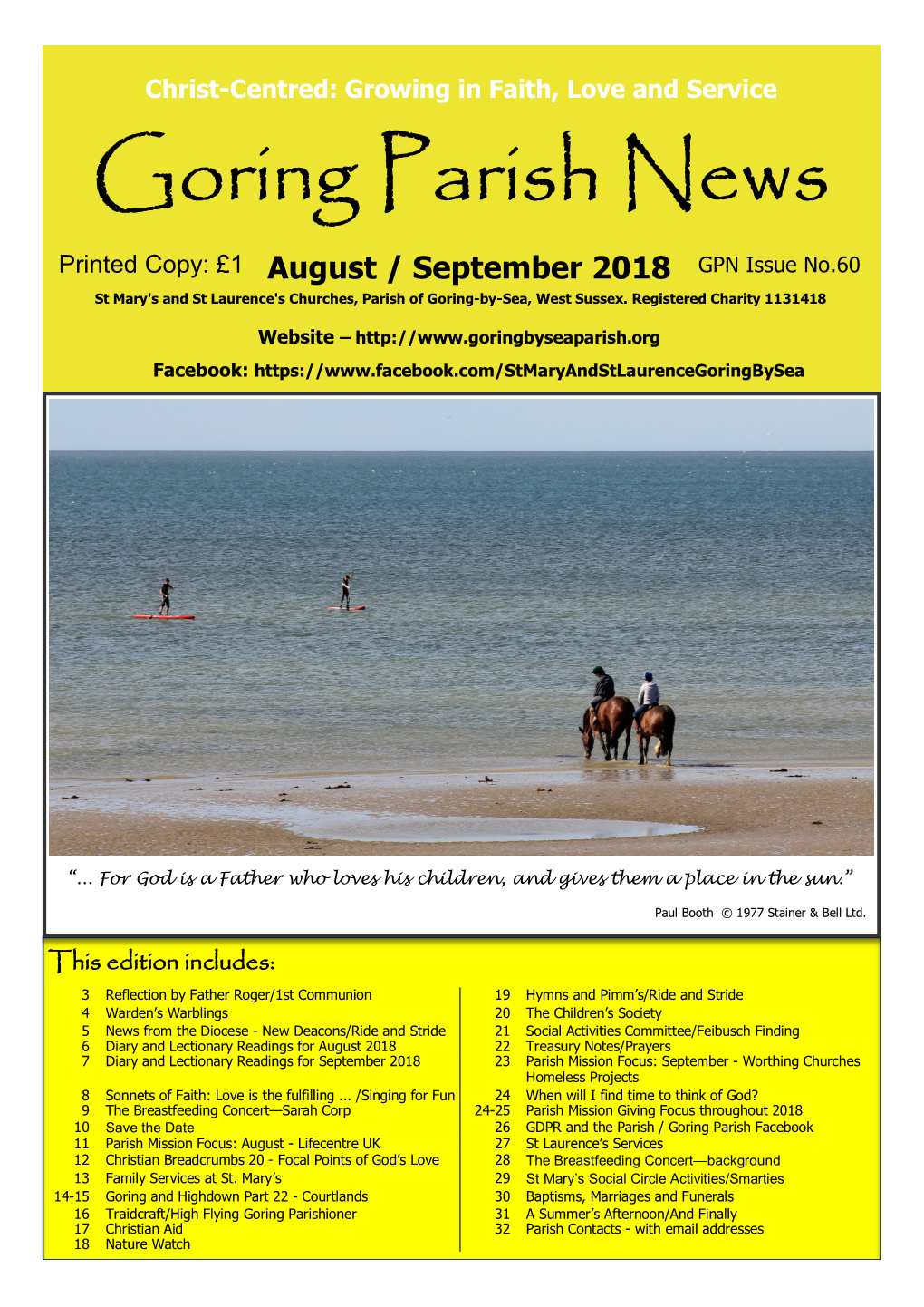 Goring Parish News Printed Copy: £1 August / September 2018 GPN Issue No.60 St Mary's and St Laurence's Churches, Parish of Goring-By-Sea, West Sussex