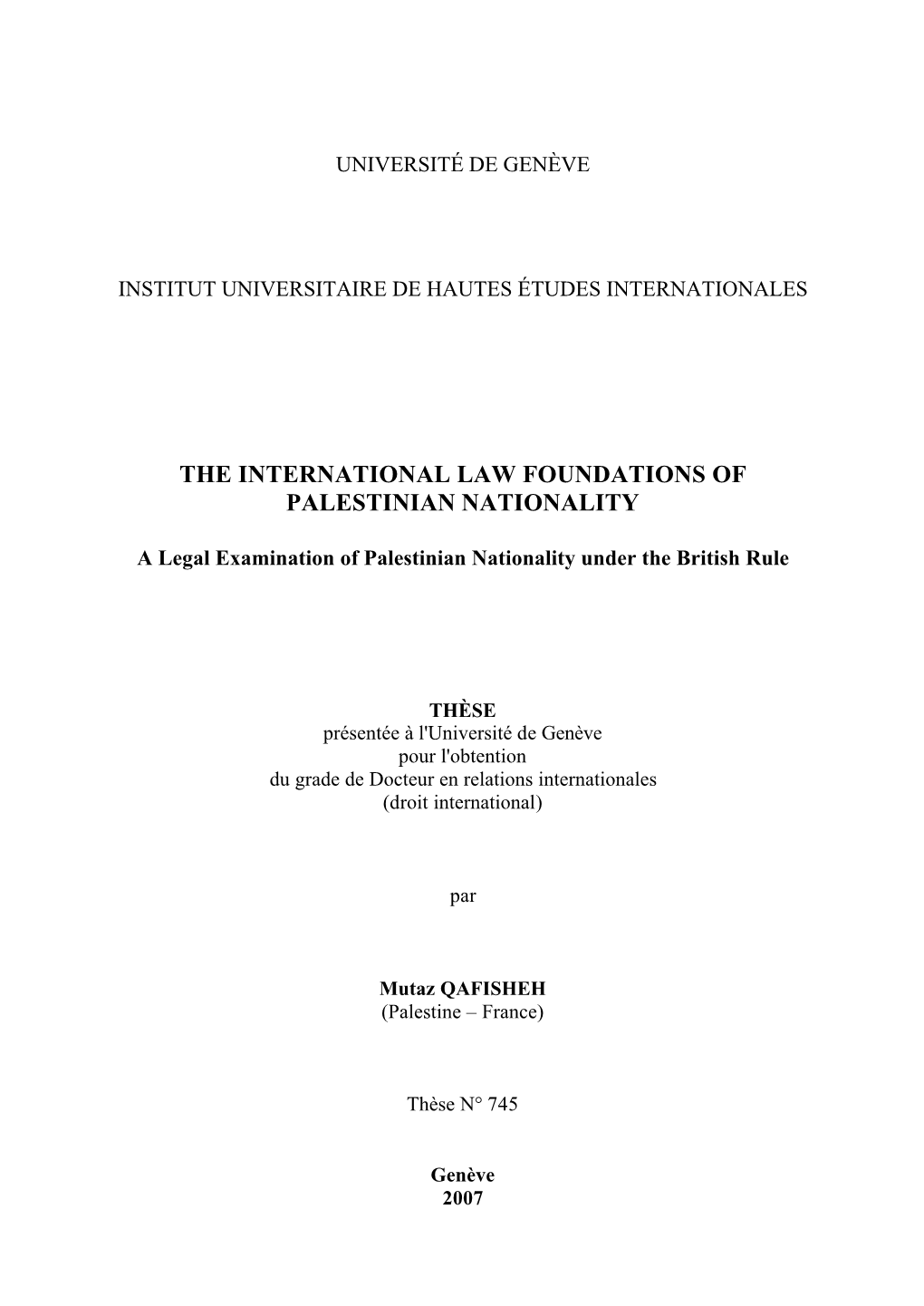 The International Law Foundations of Palestinian Nationality