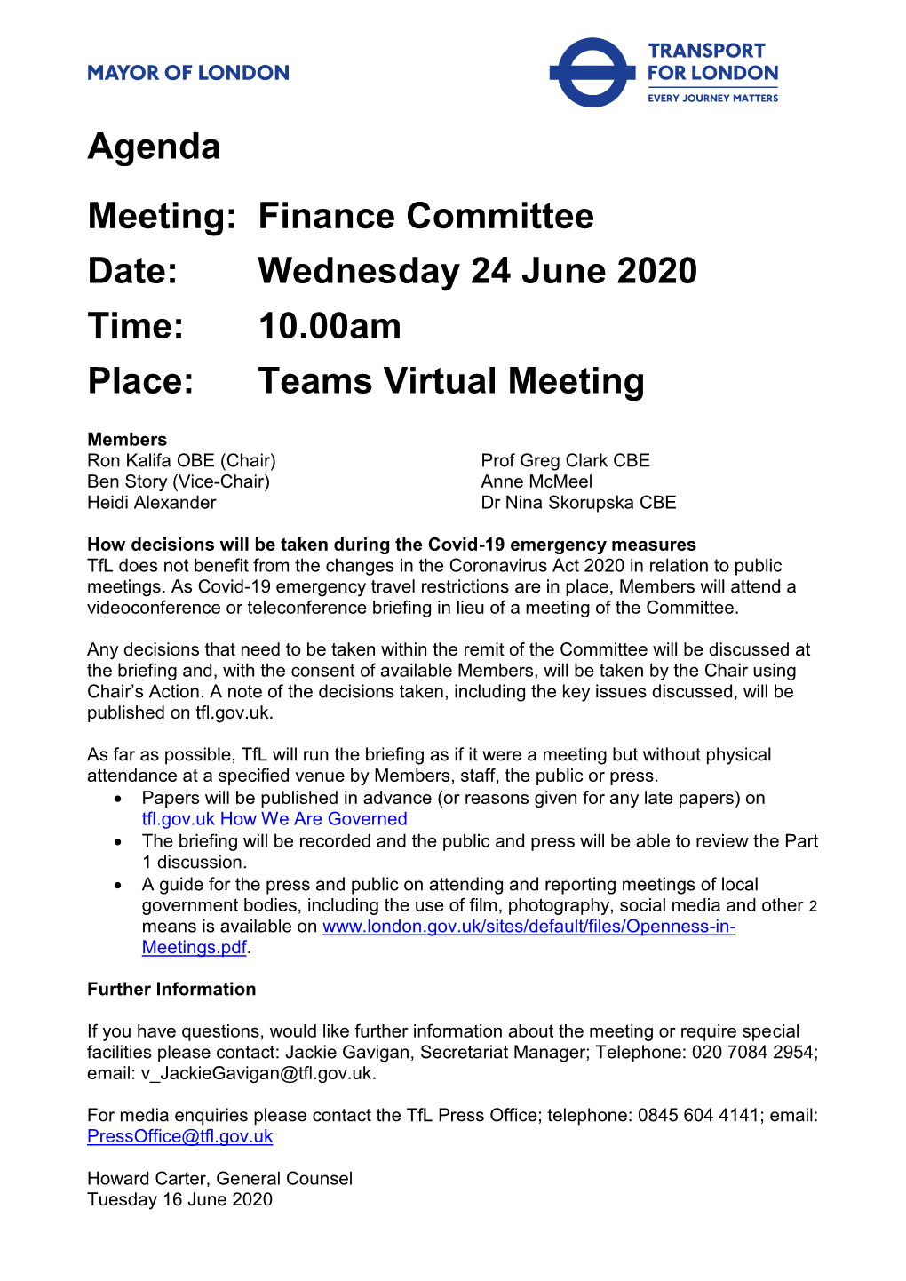 Agenda Document for Finance Committee, 24/06/2020 10:00