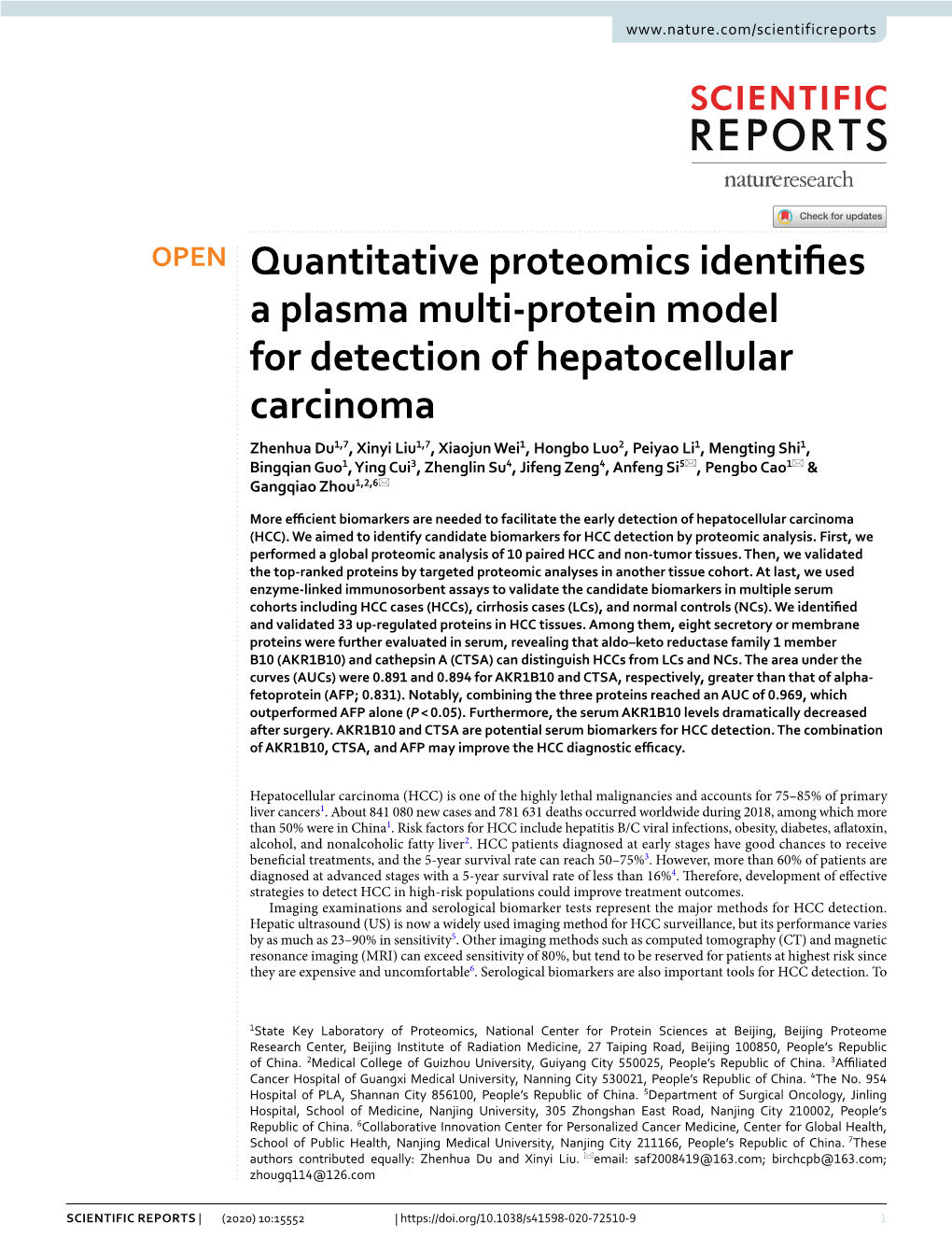 Quantitative Proteomics Identifies a Plasma Multi-Protein Model For