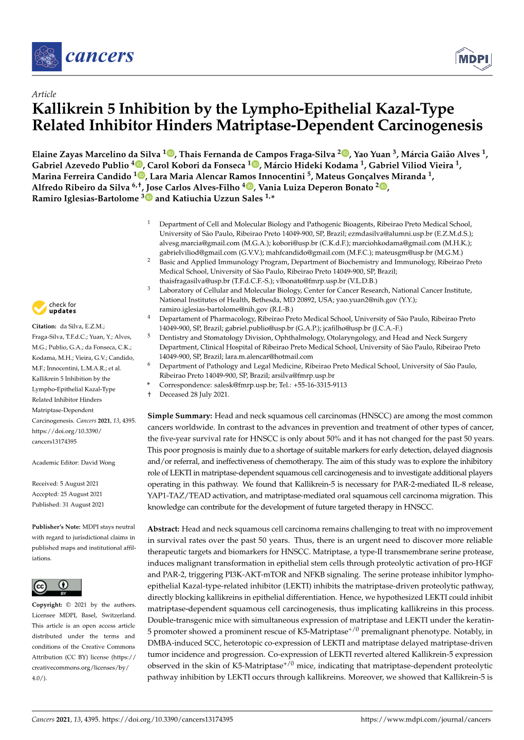 Kallikrein 5 Inhibition by the Lympho-Epithelial Kazal-Type Related Inhibitor Hinders Matriptase-Dependent Carcinogenesis