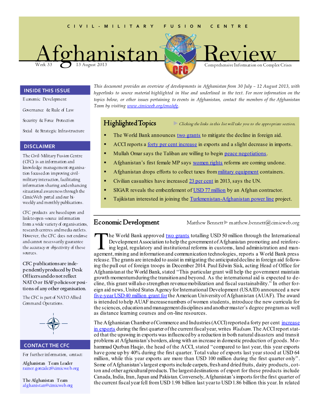 Afghanistan Review” Newsletter Should Be Relevant to the CFC’S Mission As a Knowledge Management and Information Sharing Institution
