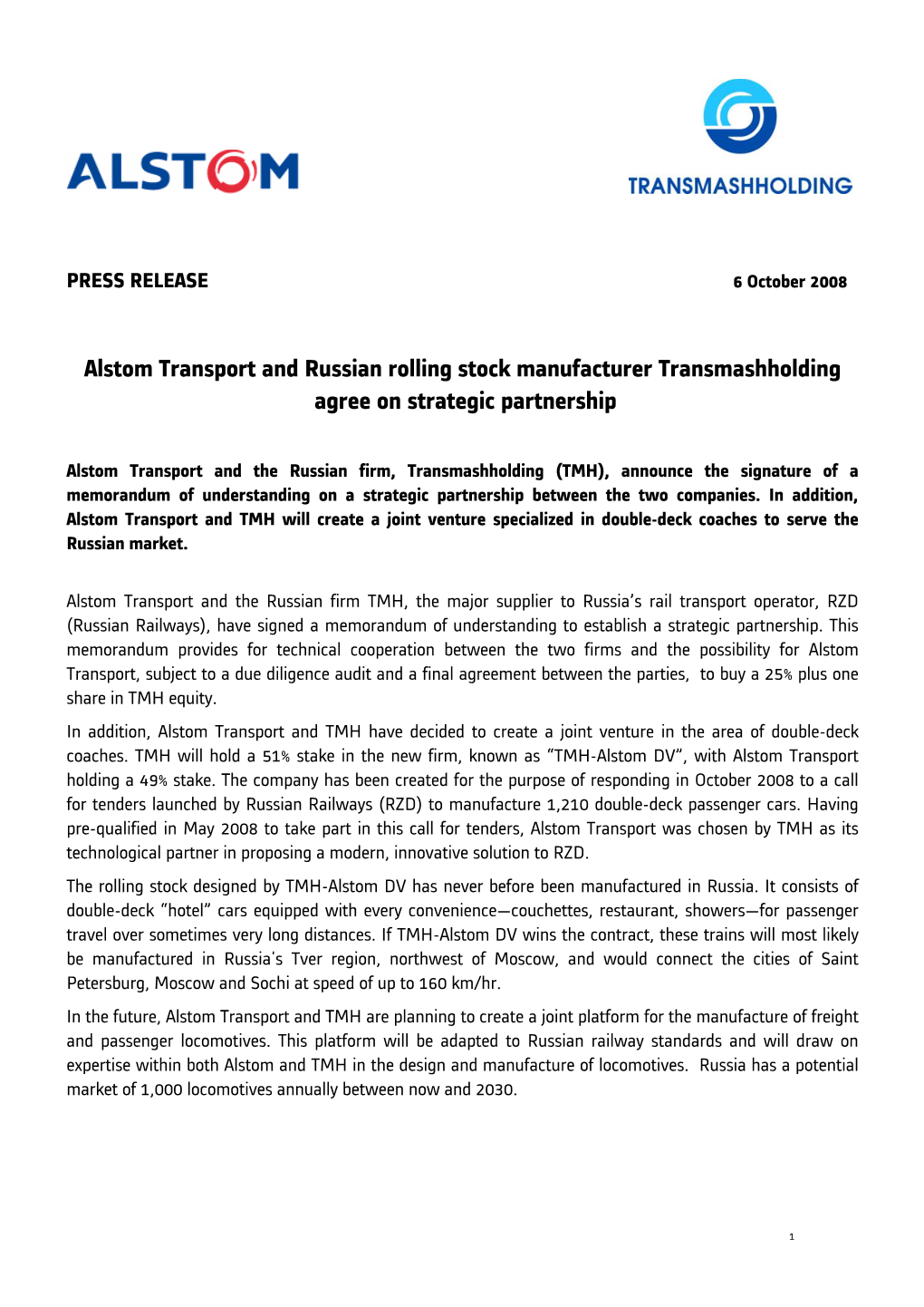 Alstom Transport and Russian Rolling Stock Manufacturer Transmashholding Agree on Strategic Partnership