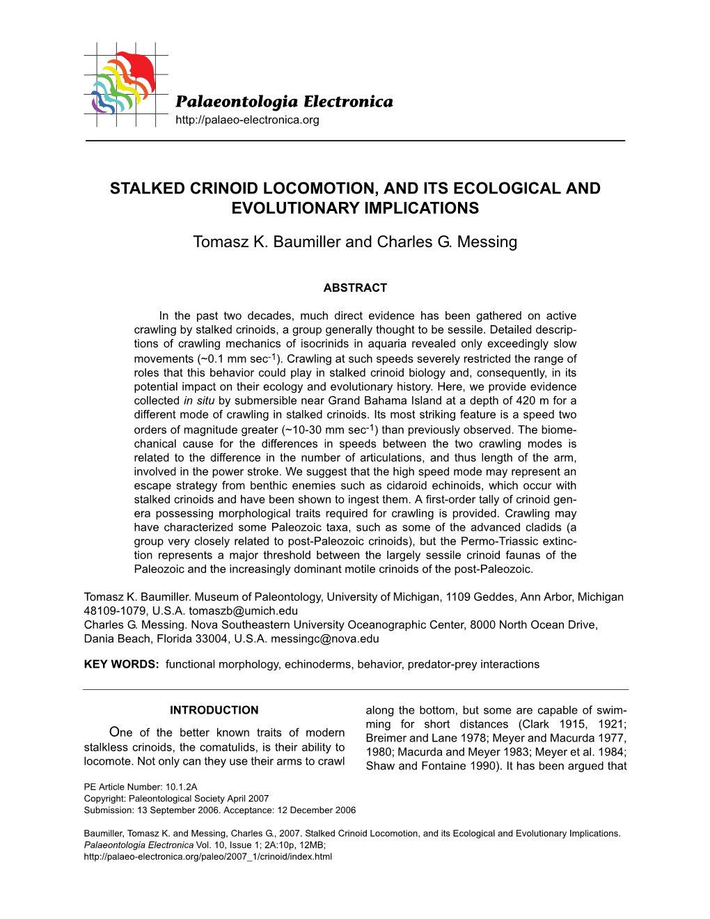 Stalked Crinoid Locomotion, and Its Ecological and Evolutionary Implications