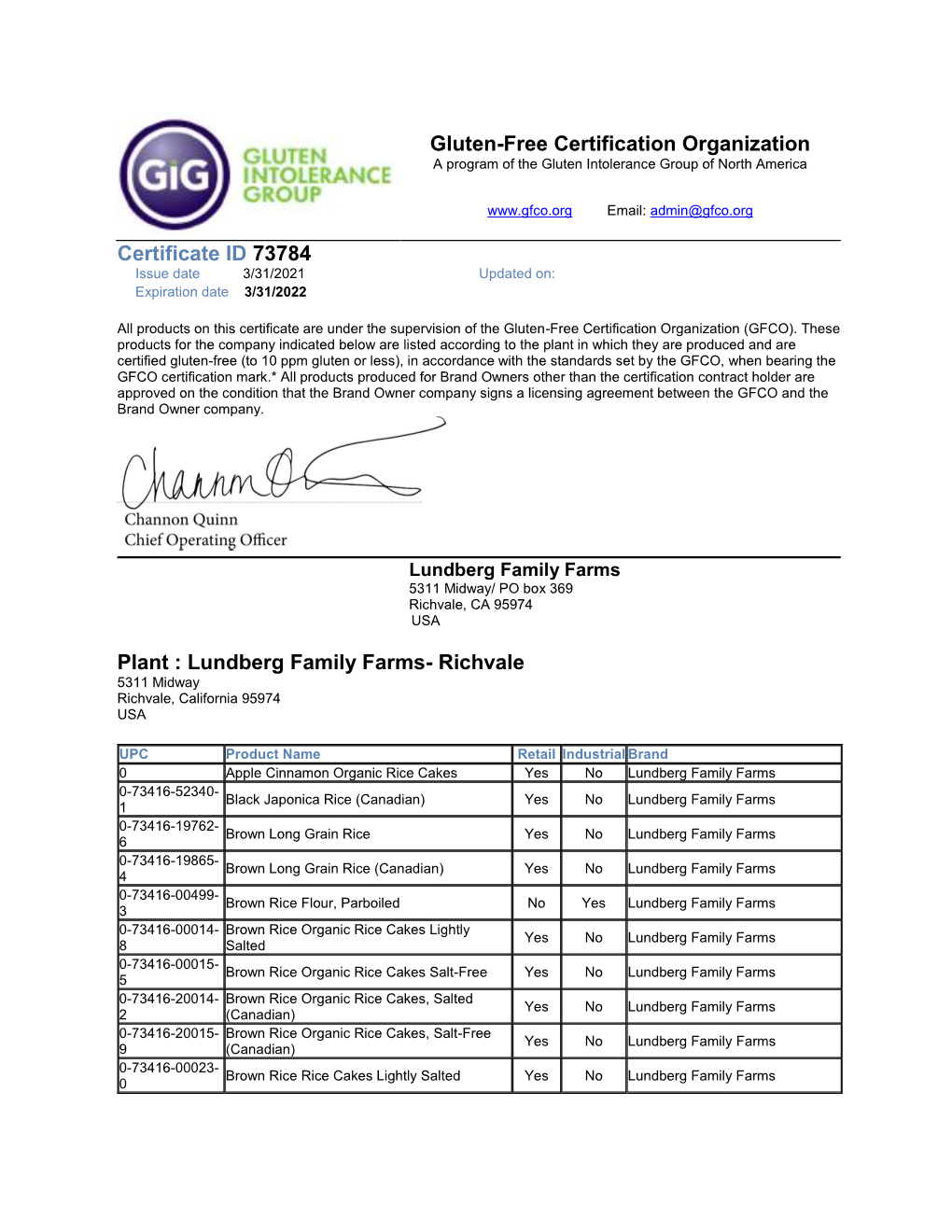 View Gluten-Free Certification Organization Certificate