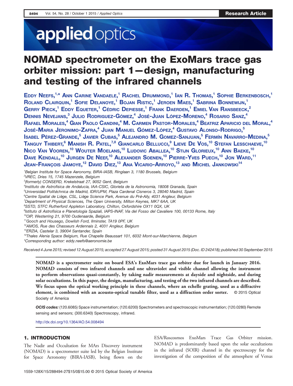 NOMAD Spectrometer on the Exomars Trace Gas Orbiter Mission: Part 1—Design, Manufacturing and Testing of the Infrared Channels