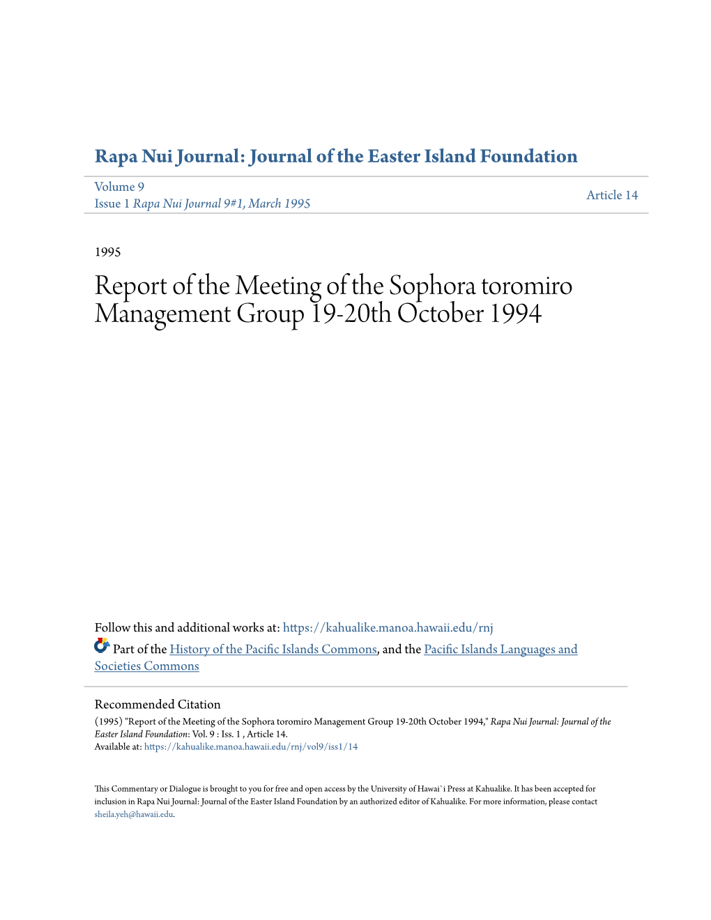 Report of the Meeting of the Sophora Toromiro Management Group 19-20Th October 1994