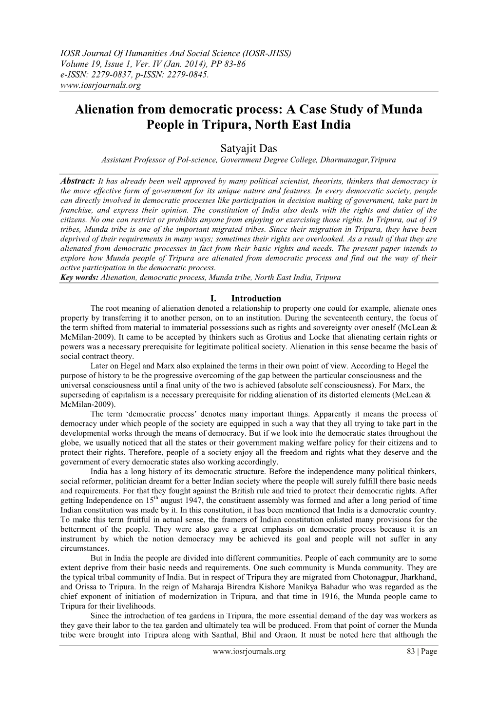 Alienation from Democratic Process: a Case Study of Munda People in Tripura, North East India