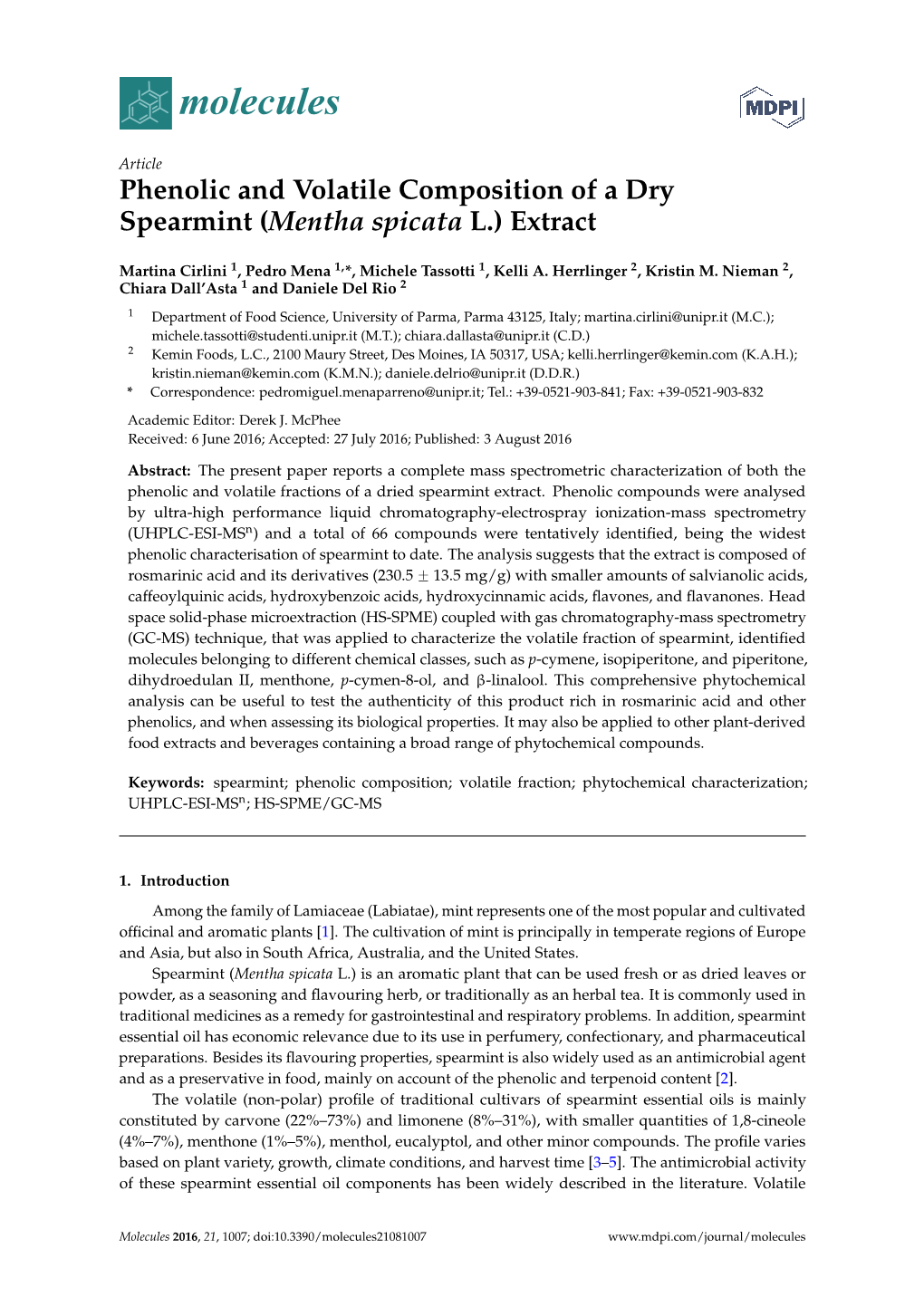 Phenolic and Volatile Composition of a Dry Spearmint (Mentha Spicata L.) Extract