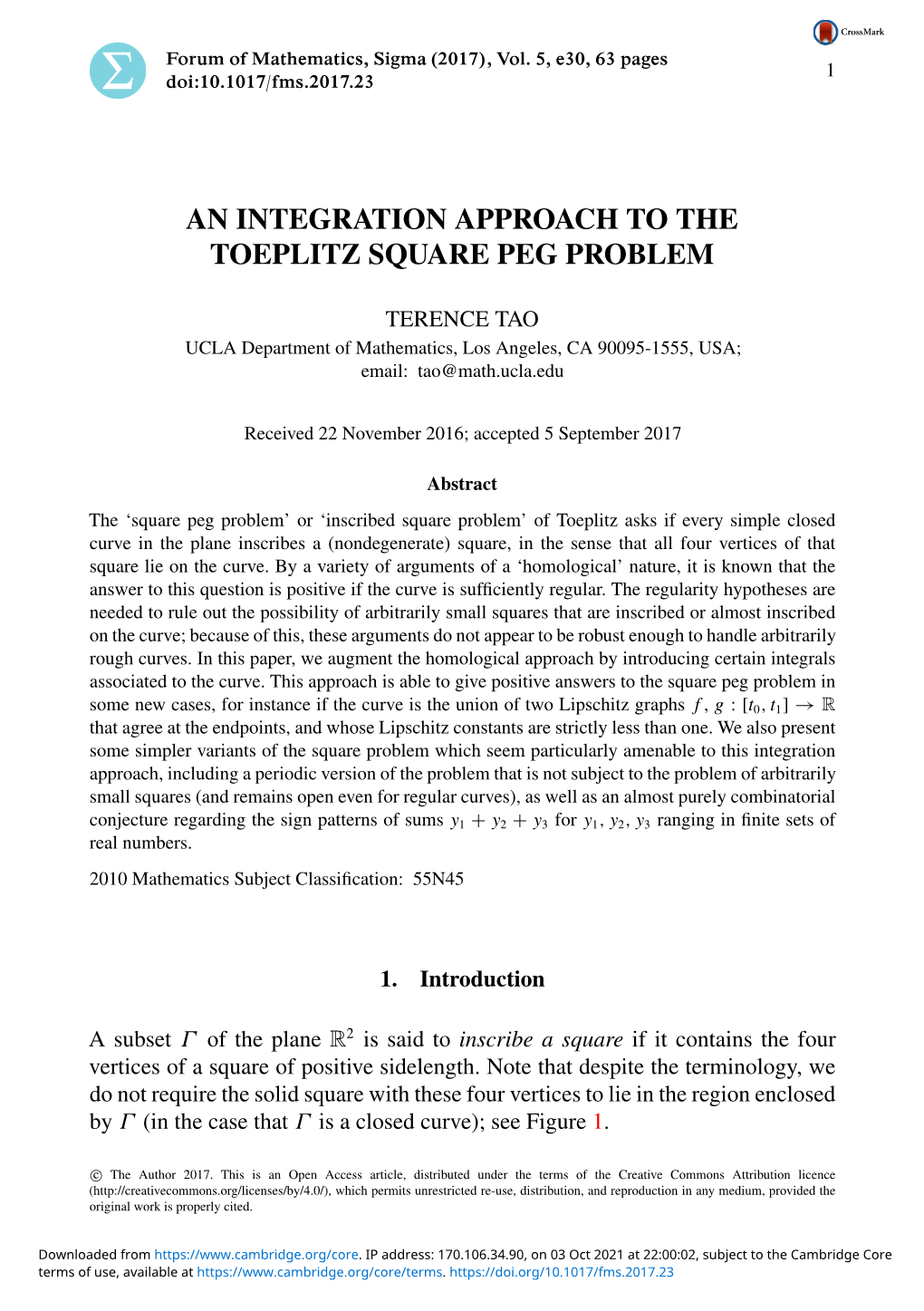 An Integration Approach to the Toeplitz Square Peg Problem