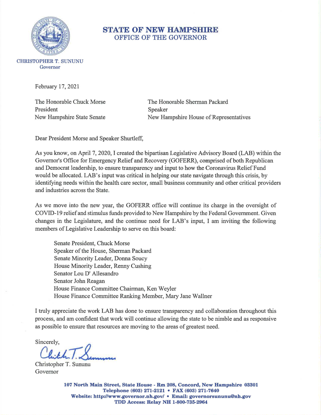 Read Governor Sununu's 2021 Letter.Pdf