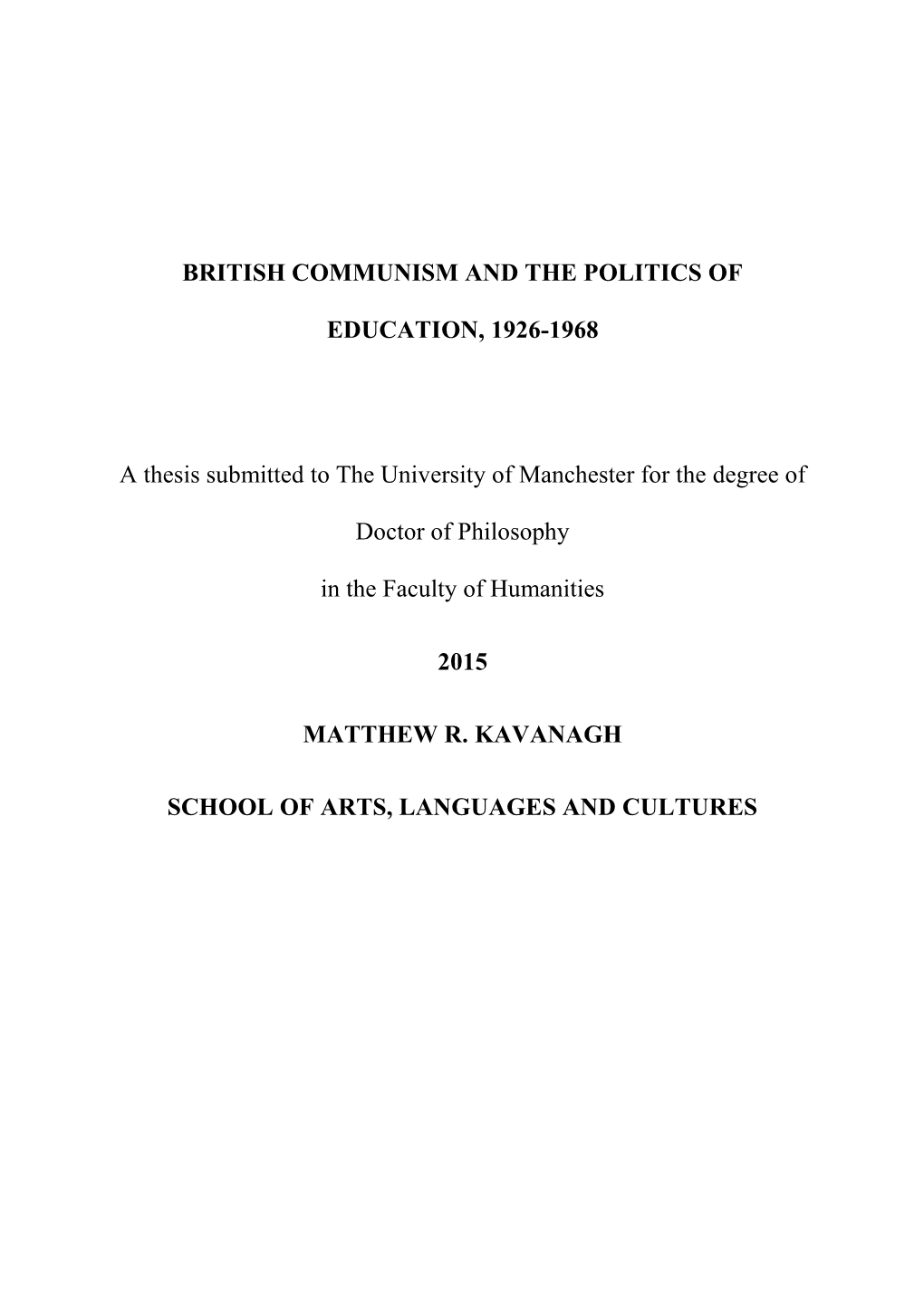 British Communism and the Politics of Education, 1926-1968