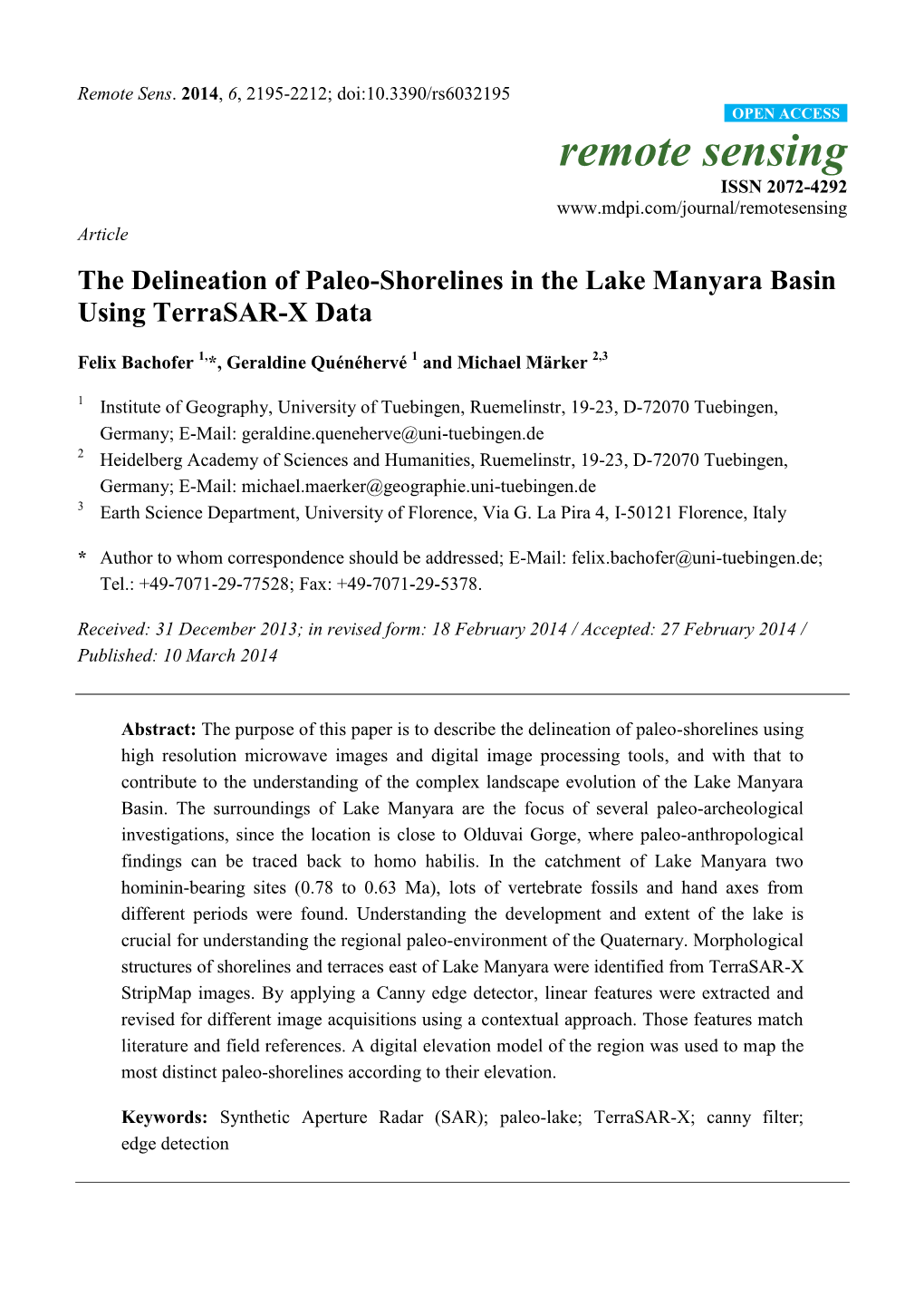 The Delineation of Paleo-Shorelines in the Lake Manyara Basin Using Terrasar-X Data