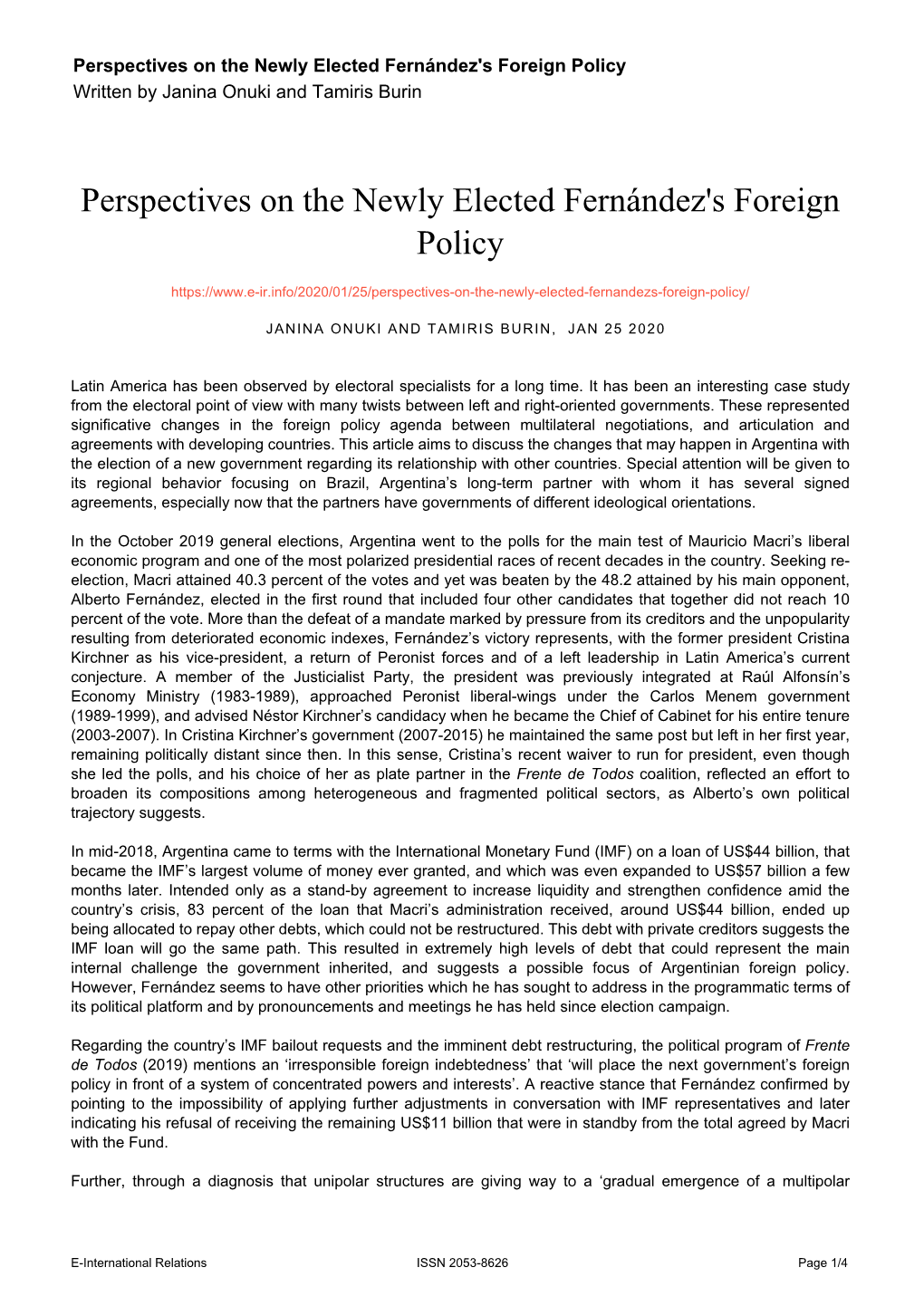 Perspectives on the Newly Elected Fernández's Foreign Policy Written by Janina Onuki and Tamiris Burin