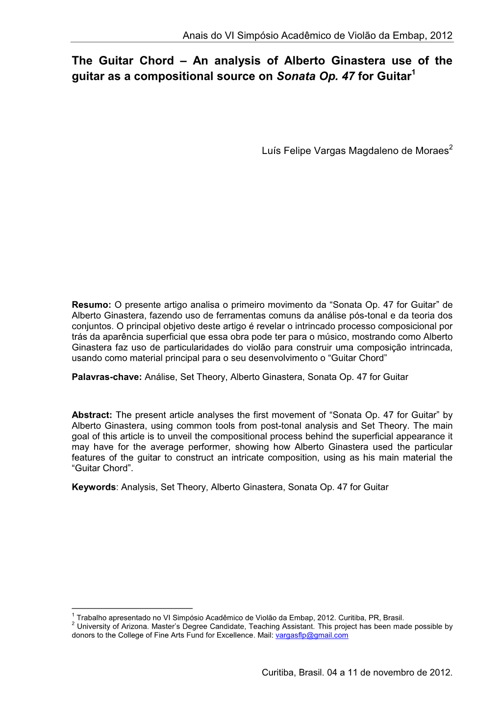 The Guitar Chord – an Analysis of Alberto Ginastera Use of the Guitar As a Compositional Source on Sonata Op