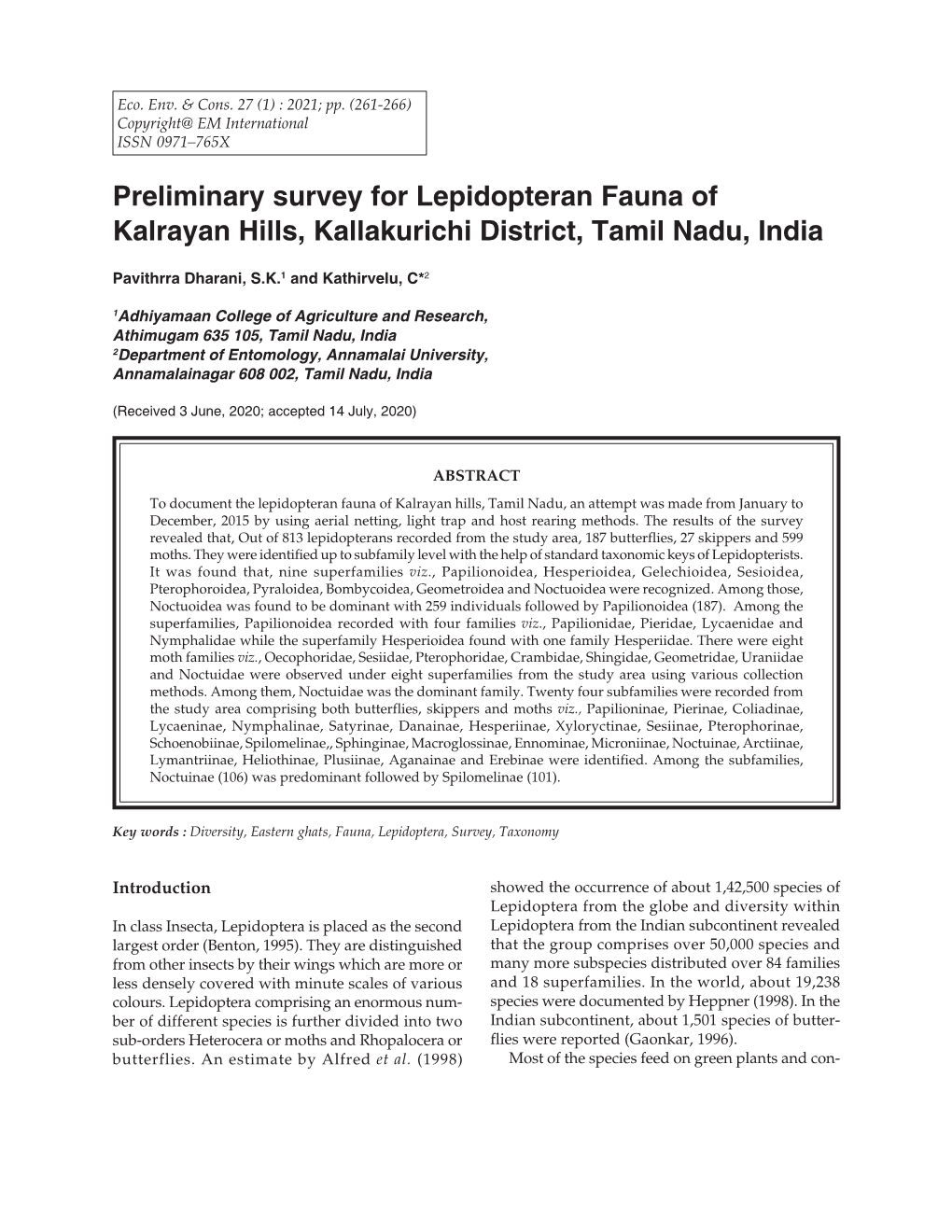 Preliminary Survey for Lepidopteran Fauna of Kalrayan Hills, Kallakurichi District, Tamil Nadu, India