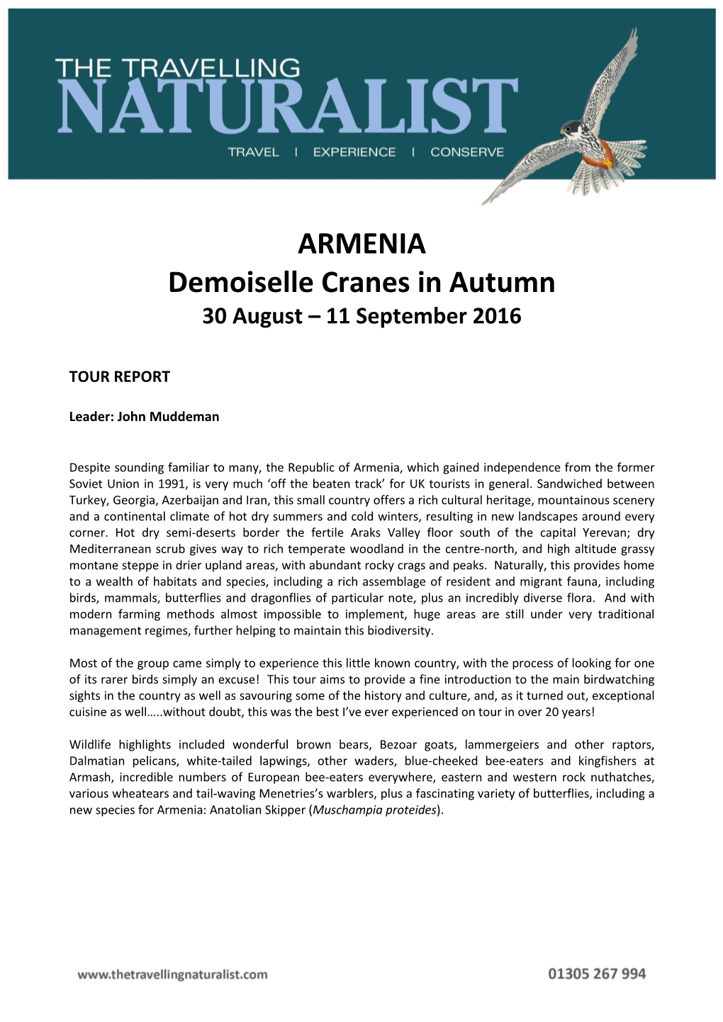 ARMENIA Demoiselle Cranes in Autumn 30 August – 11 September 2016