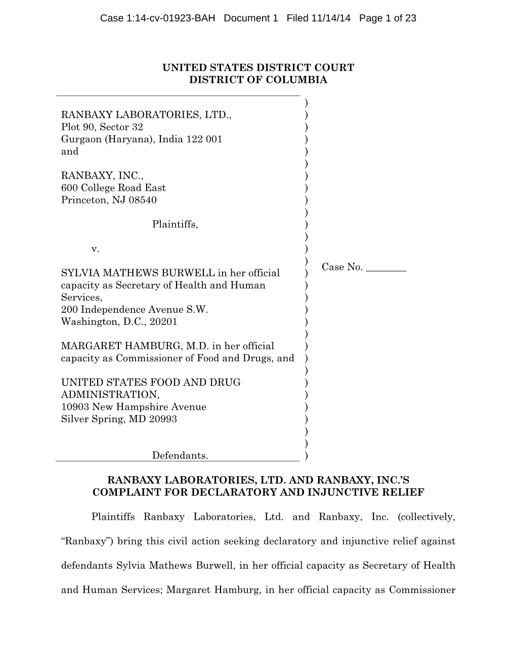 UNITED STATES DISTRICT COURT DISTRICT of COLUMBIA RANBAXY LABORATORIES, LTD., Plot 90, Sector 32 Gurgaon (Haryana), India 122 00