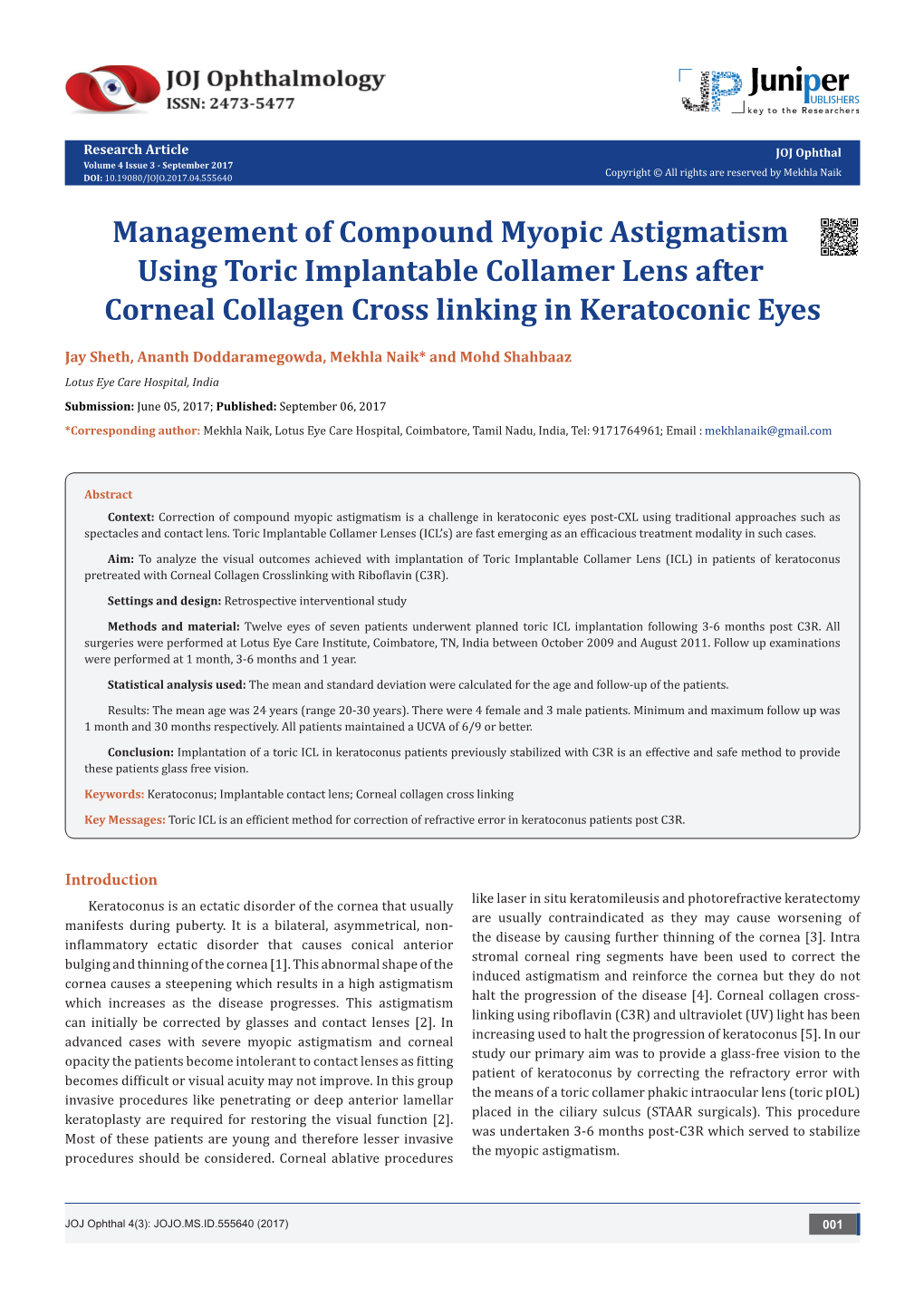 Management of Compound Myopic Astigmatism Using Toric Implantable Collamer Lens After Corneal Collagen Cross Linking in Keratoconic Eyes