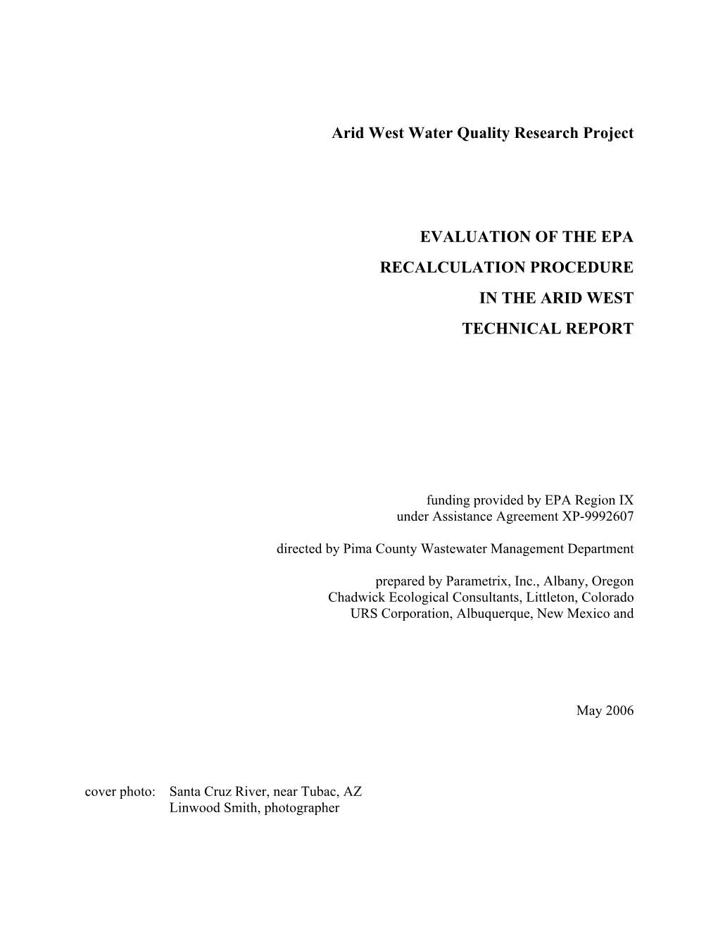 Arid West Water Quality Research Project EVALUATION of the EPA