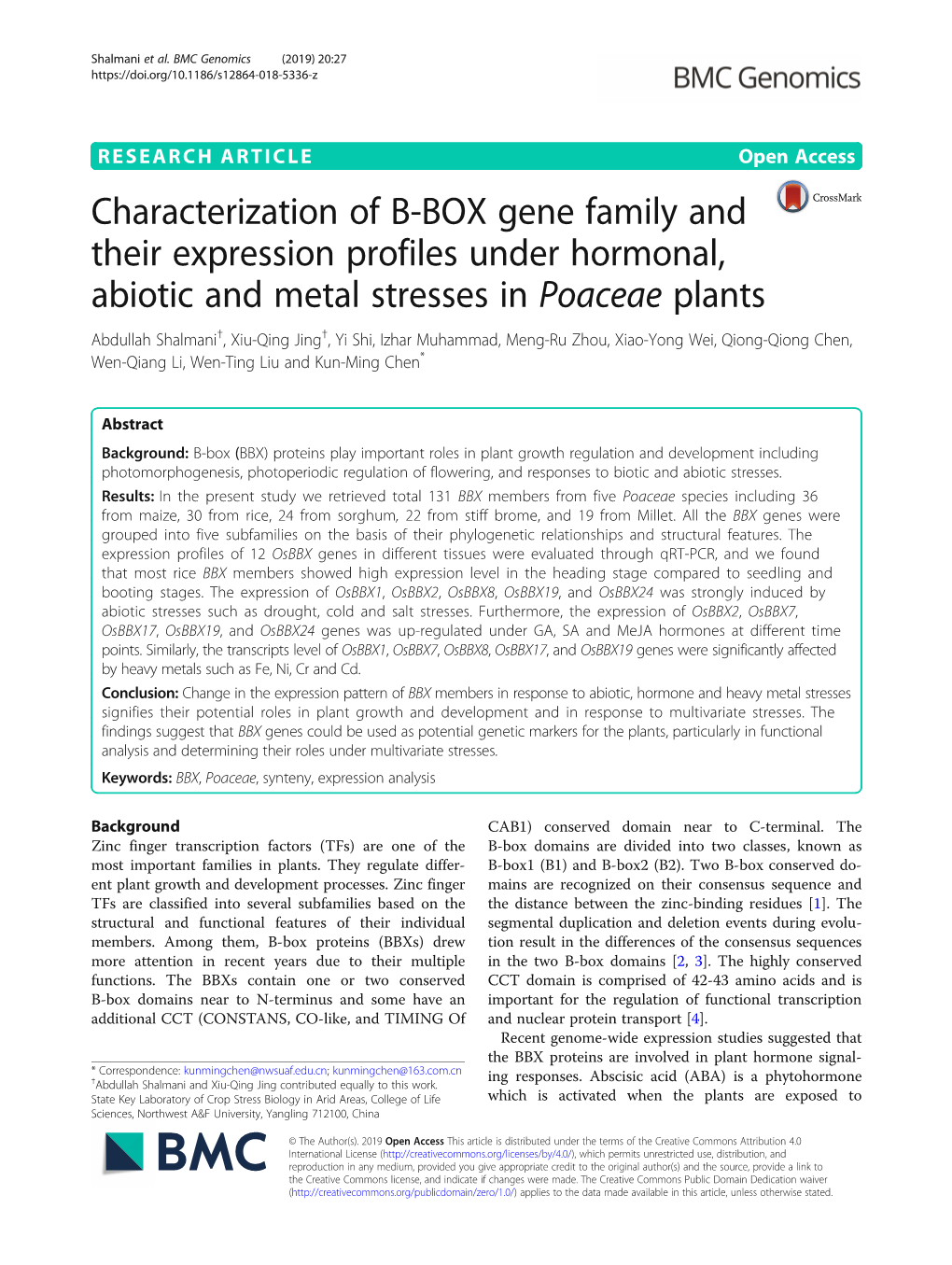 Characterization of B-BOX Gene Family and Their Expression Profiles Under Hormonal, Abiotic and Metal Stresses in Poaceae Plants