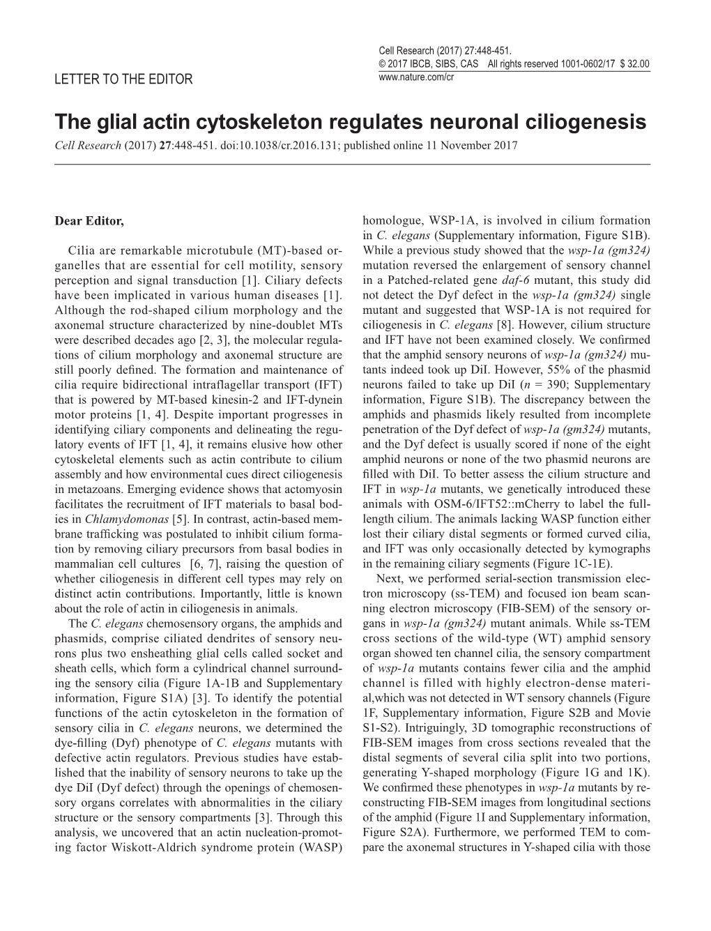 The Glial Actin Cytoskeleton Regulates Neuronal Ciliogenesis Cell Research (2017) 27:448-451