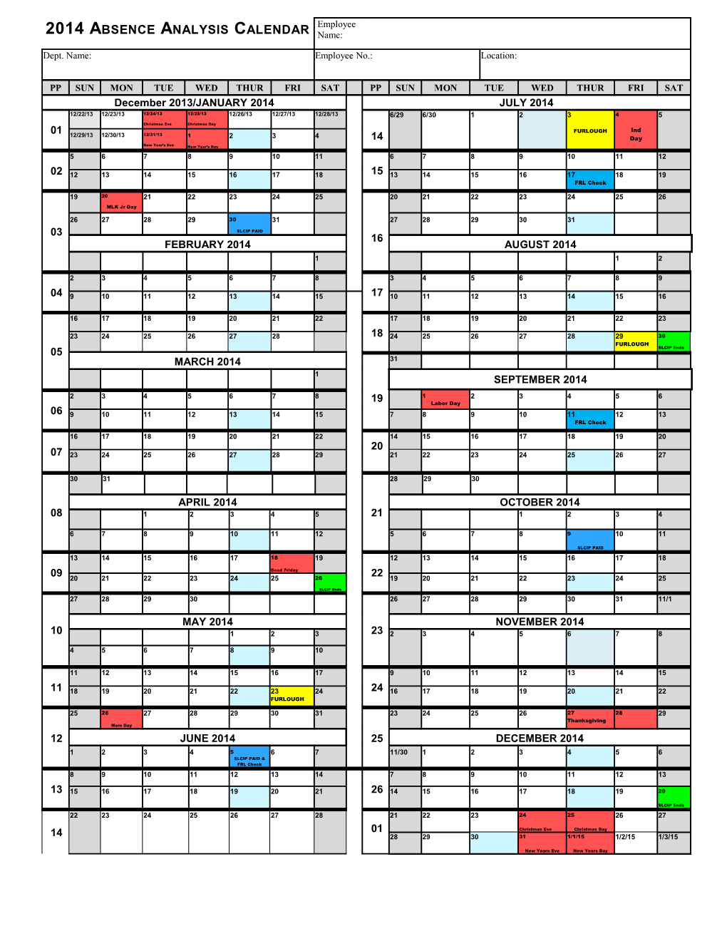 2014 Absence Analysis Calendar