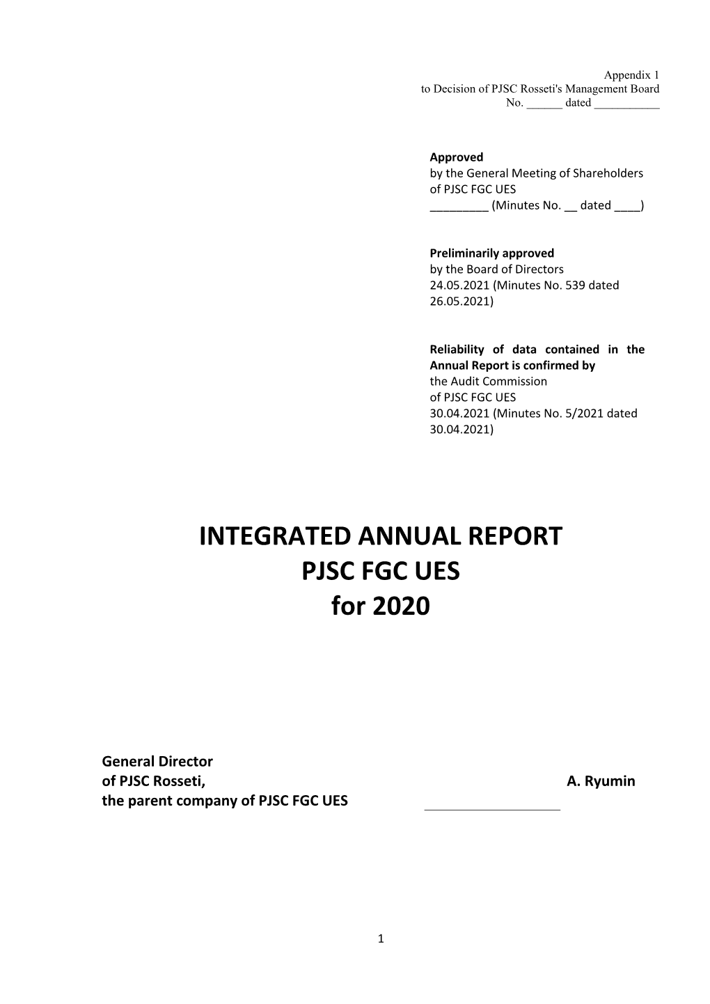 INTEGRATED ANNUAL REPORT PJSC FGC UES for 2020