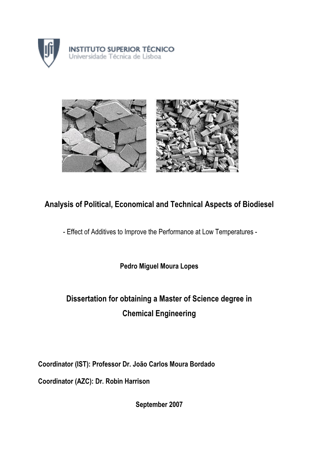 Analysis of Political, Economical and Technical Aspects of Biodiesel Dissertation for Obtaining a Master of Science Degree In