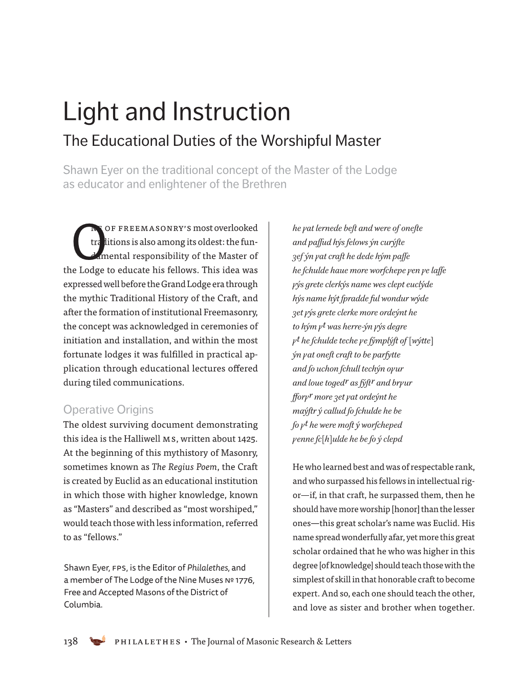 Light and Instruction the Educational Duties of the Worshipful Master