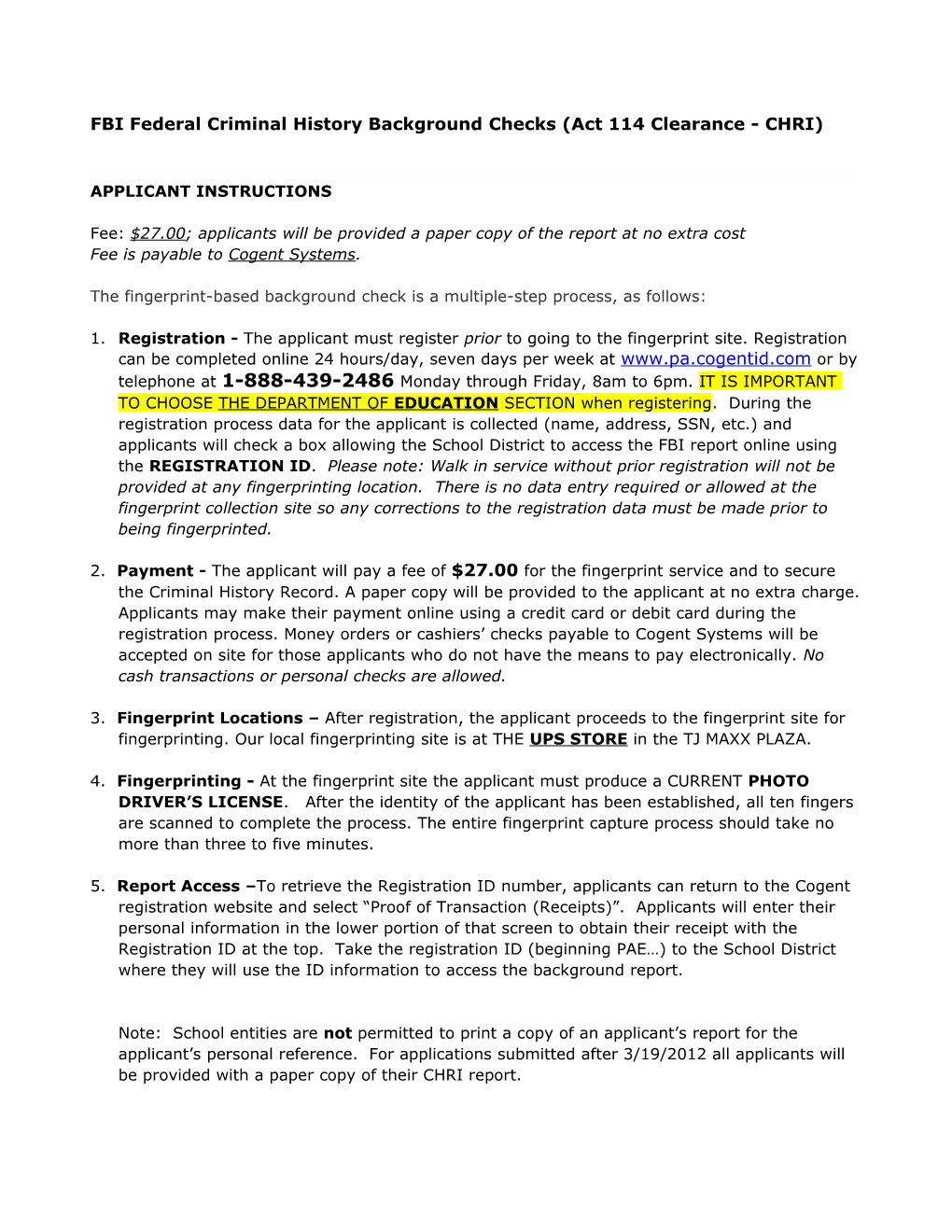 FBI Federal Criminal History Background Checks (Act 114 Clearance - CHRI)