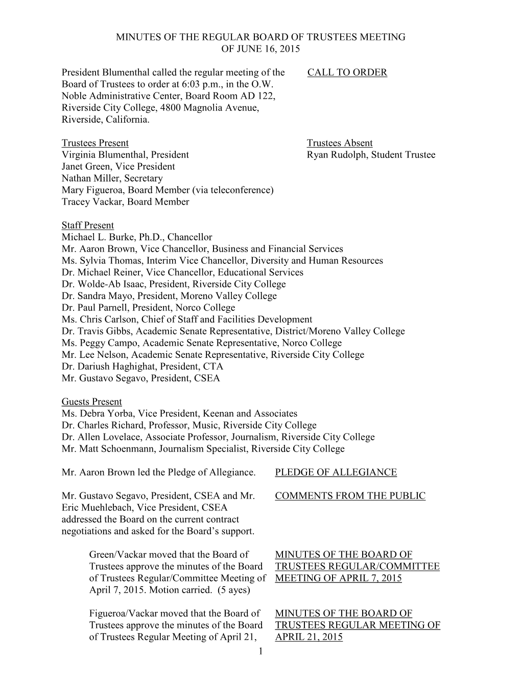 Minutes of the Regular Board of Trustees Meeting of June 16, 2015