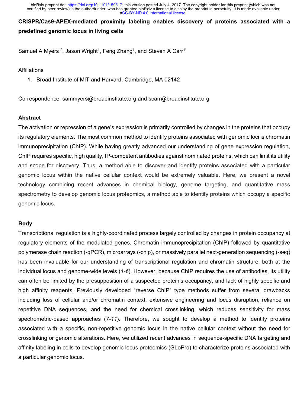 CRISPR/Cas9-APEX-Mediated Proximity Labeling Enables Discovery of Proteins Associated with a Predefined Genomic Locus in Living Cells